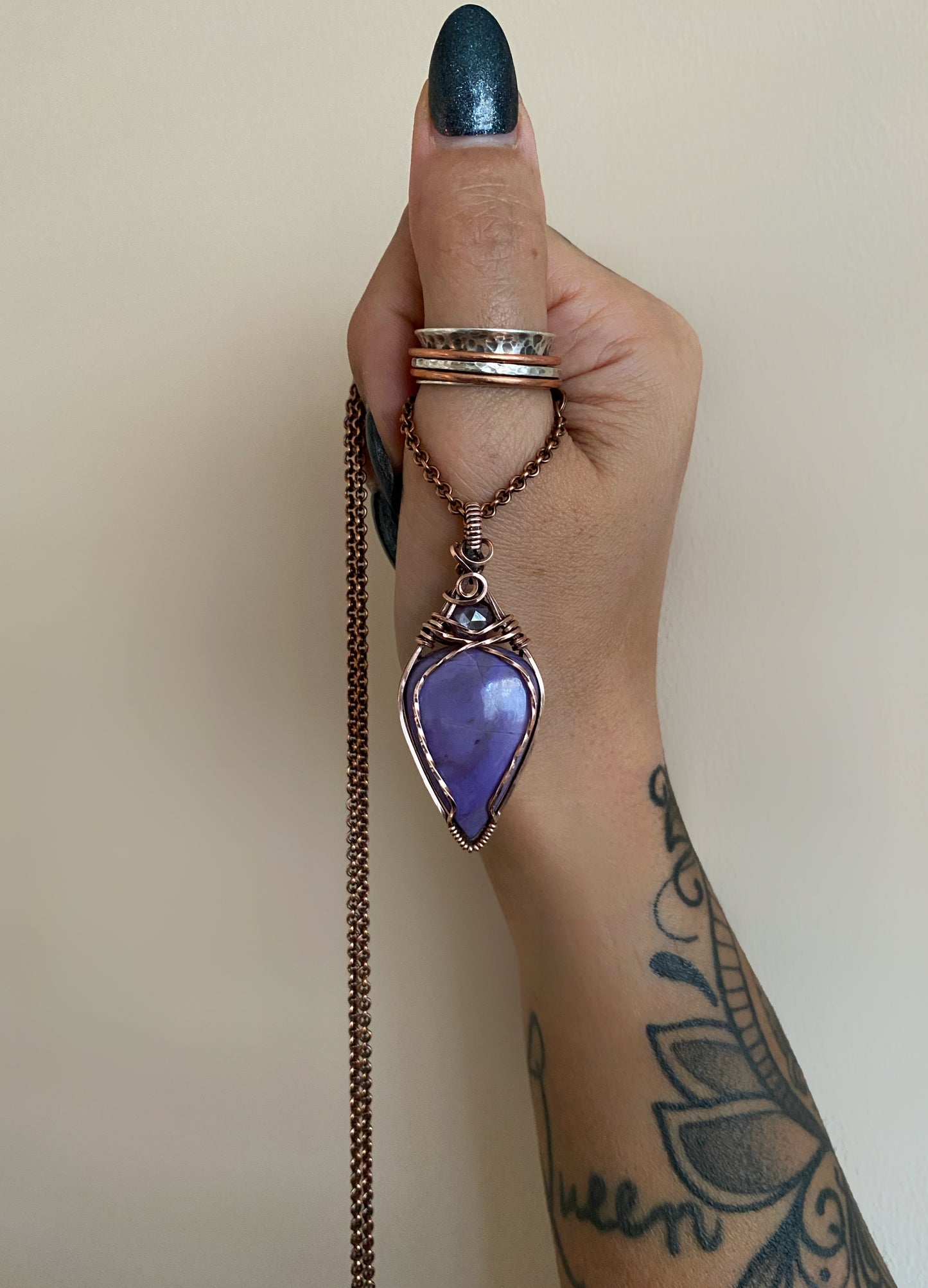 Purple Jade & Rose Cut Ruby Solid Copper Necklace