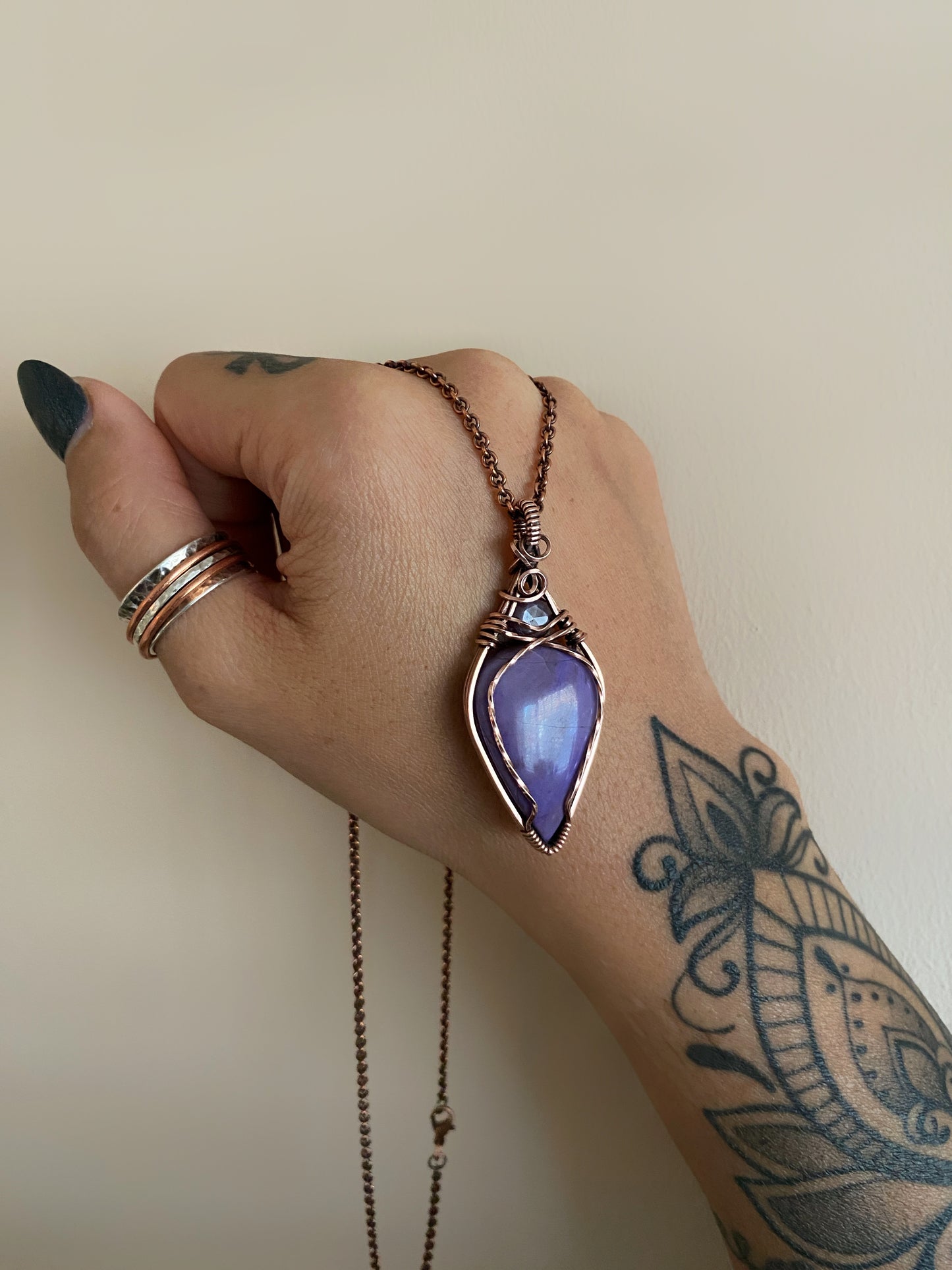 Purple Jade & Rose Cut Ruby Solid Copper Necklace