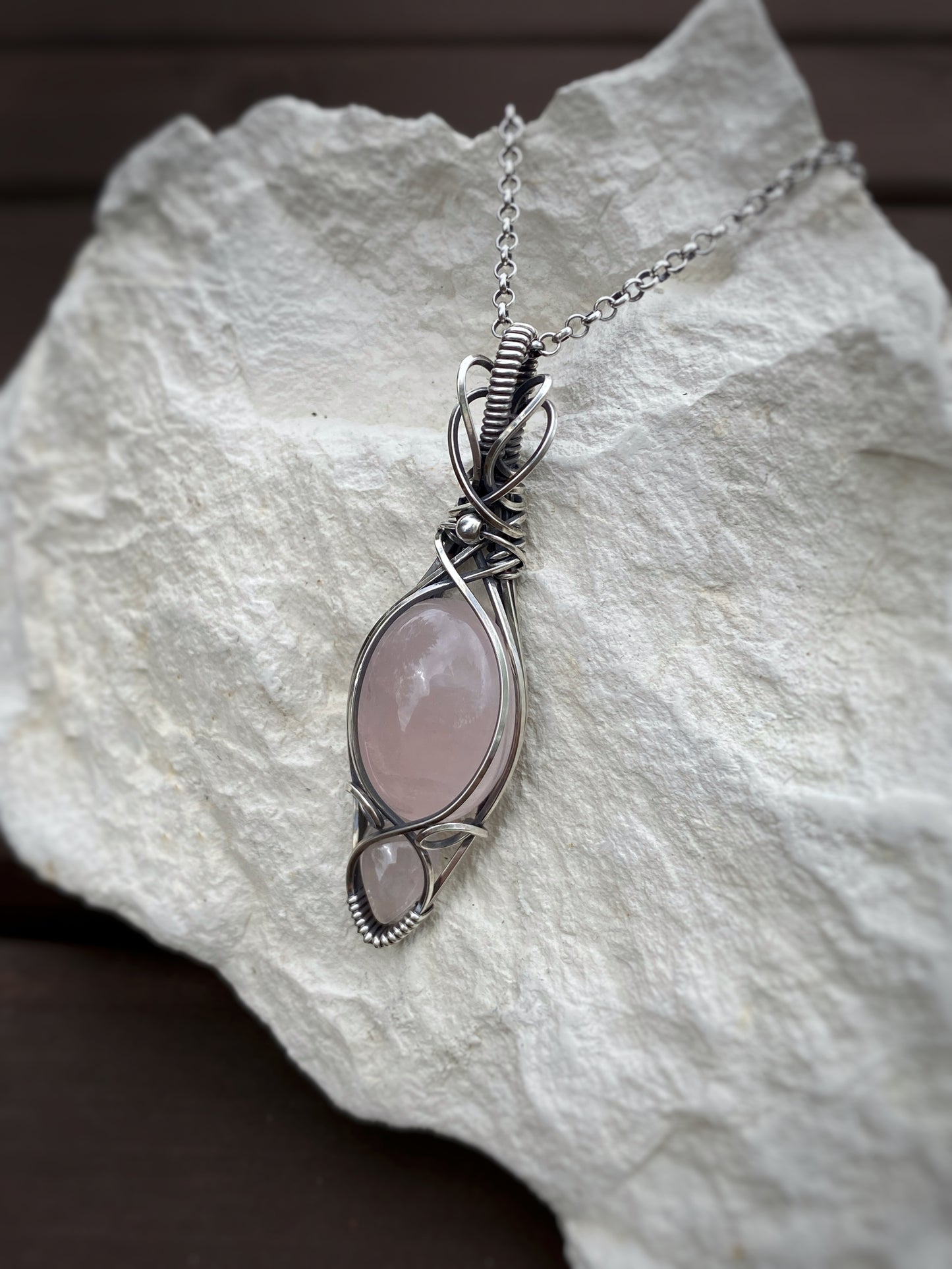 Rose Quartz Necklace in Antiqued Sterling
