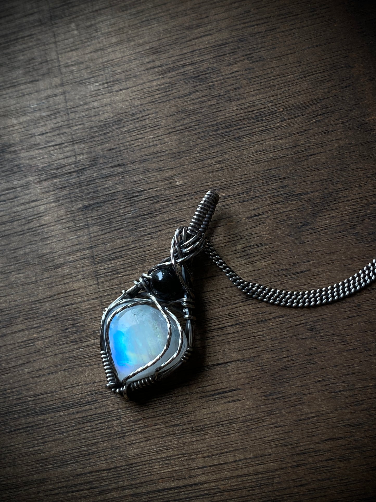 Rainbow Moonstone & Black Obsidian Necklace