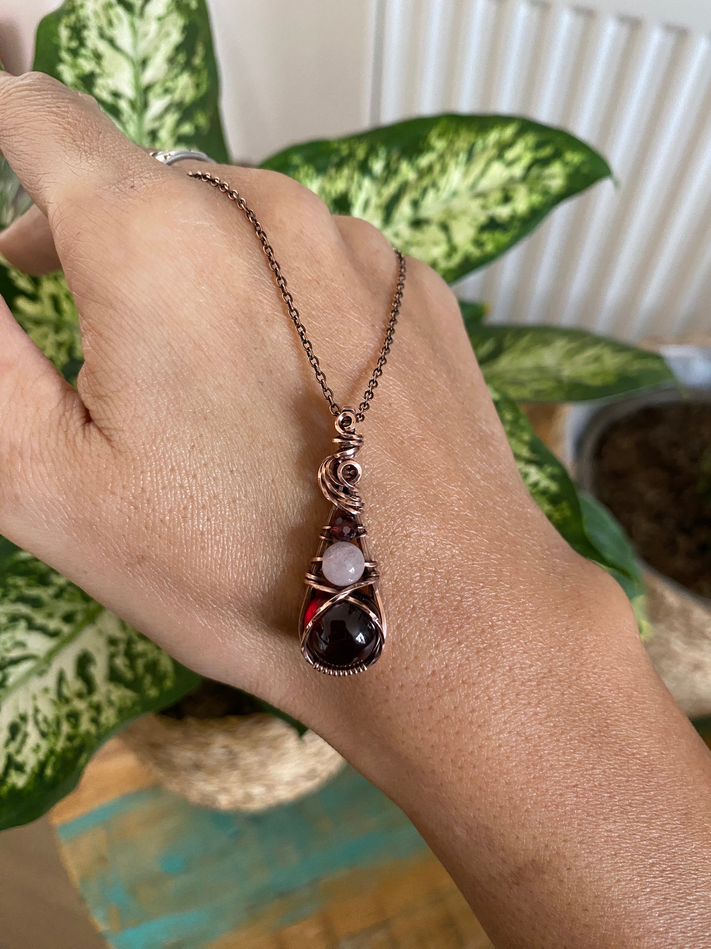 Garnet & Rose Quartz Trio Drop Solid Copper Necklace