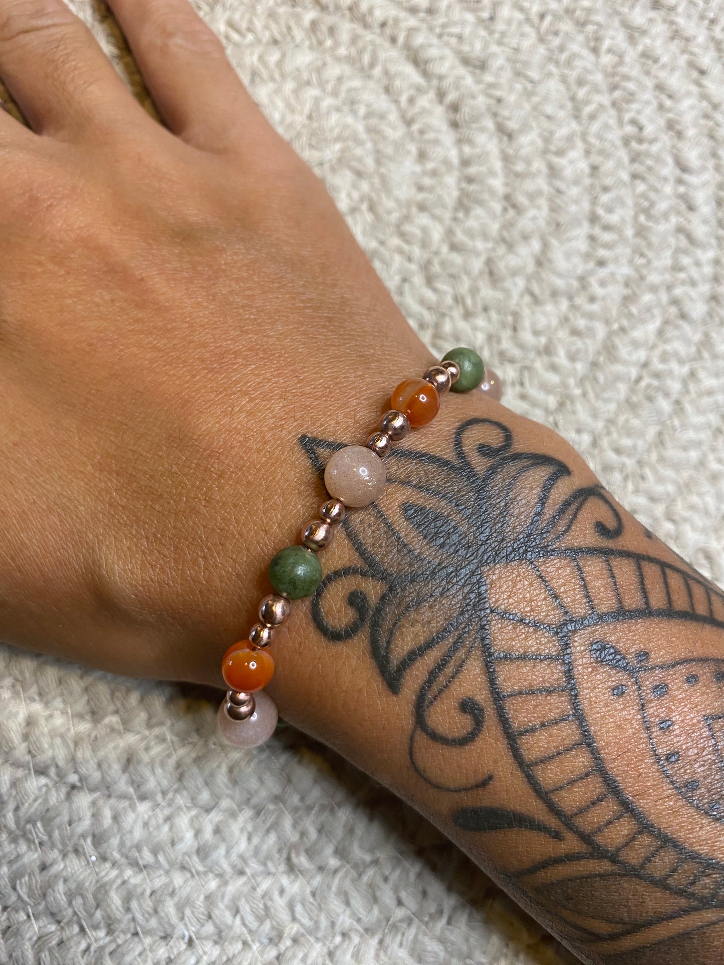 Copper Bead Bracelet: Sunstone, Green Jade, Carnelian