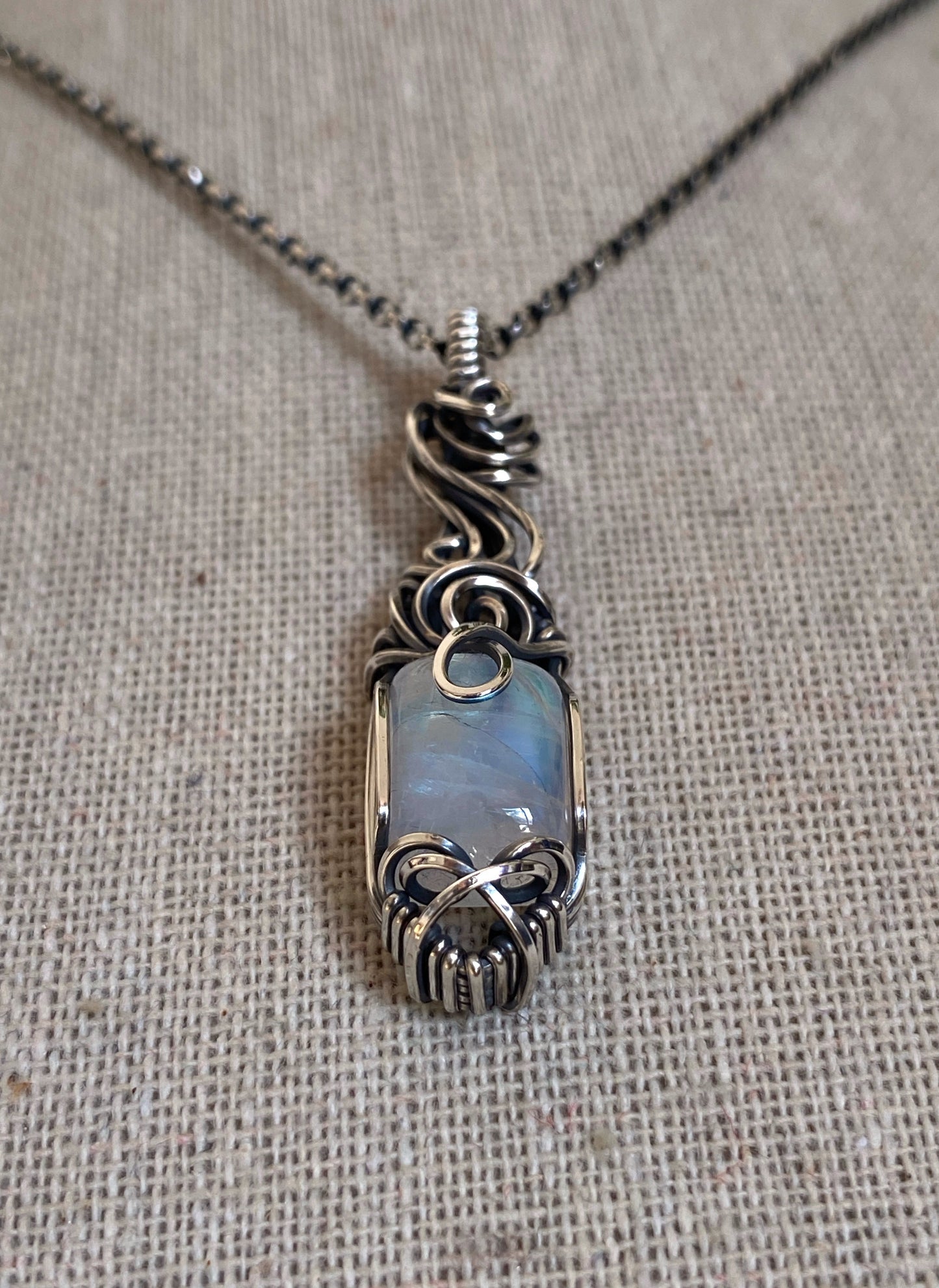 Rainbow Moonstone Goddess Solid Silver Necklace