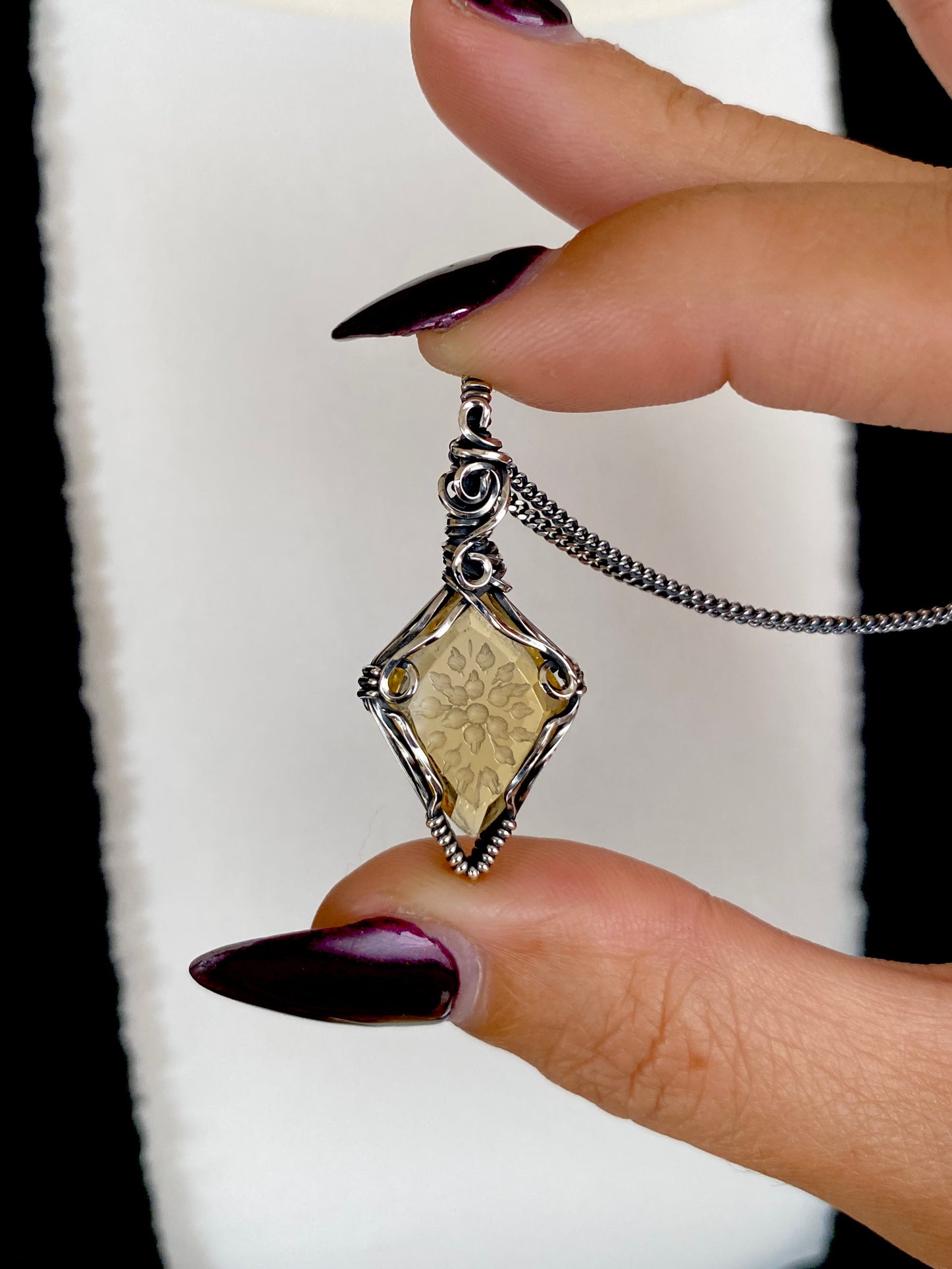 Hand Carved Citrine Solid Silver Necklace