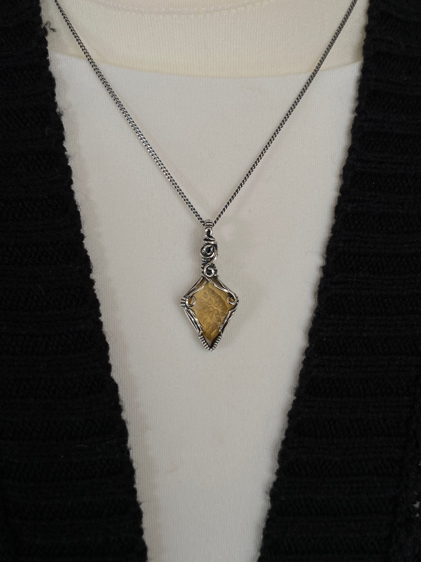 Hand Carved Citrine Solid Silver Necklace