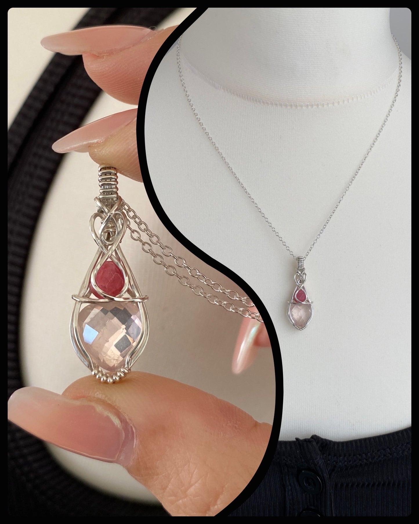 Rose Quartz & Rhodonite Solid Silver Necklace