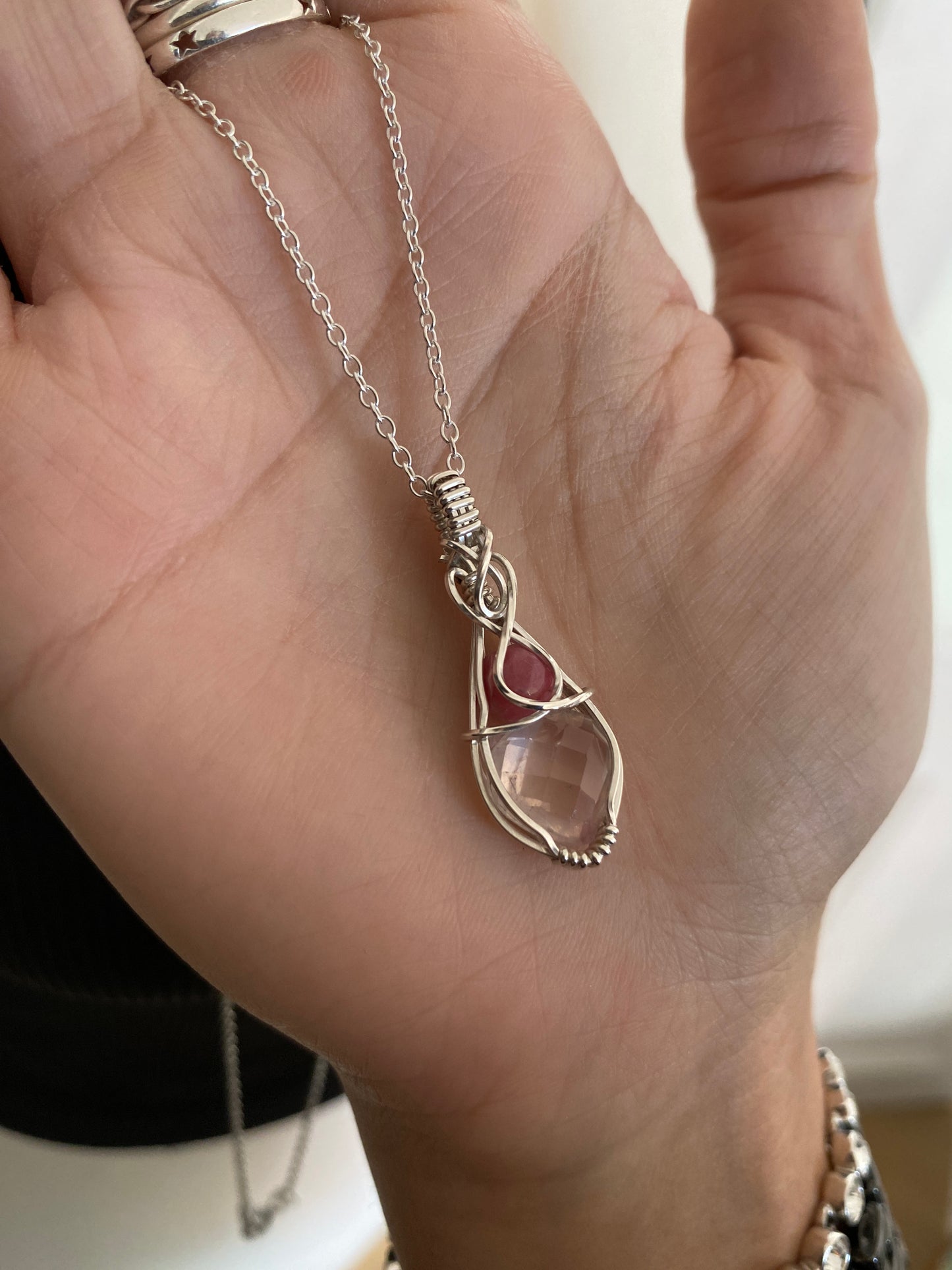 Rose Quartz & Rhodonite Solid Silver Necklace