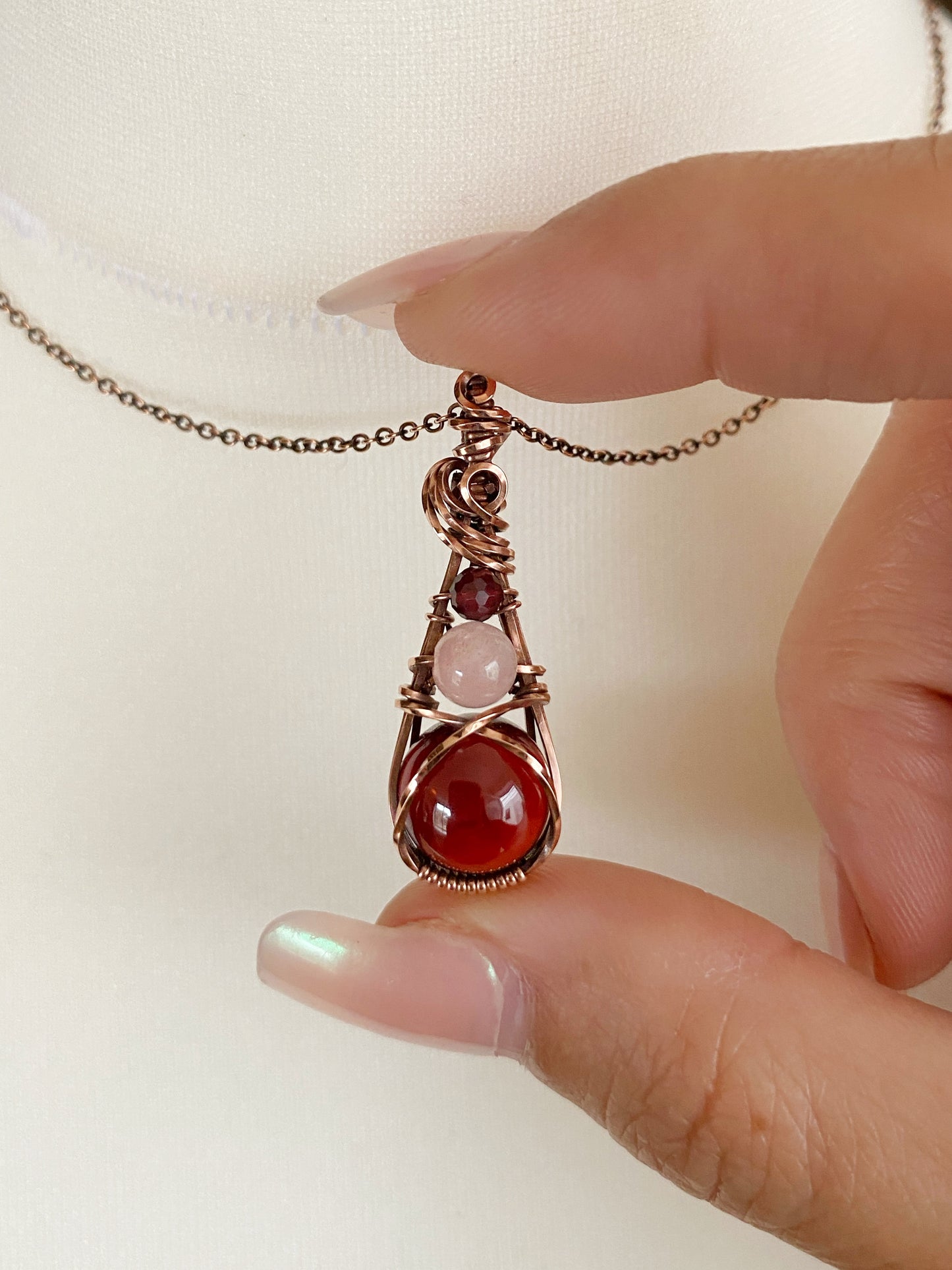 Garnet & Rose Quartz Trio Drop Solid Copper Necklace