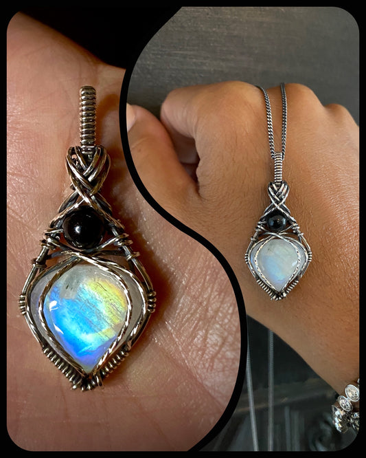 Rainbow Moonstone & Black Obsidian Necklace