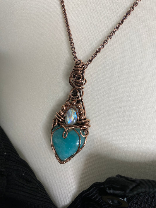 Amazonite Heart & Rainbow Moonstone Solid Copper Necklace