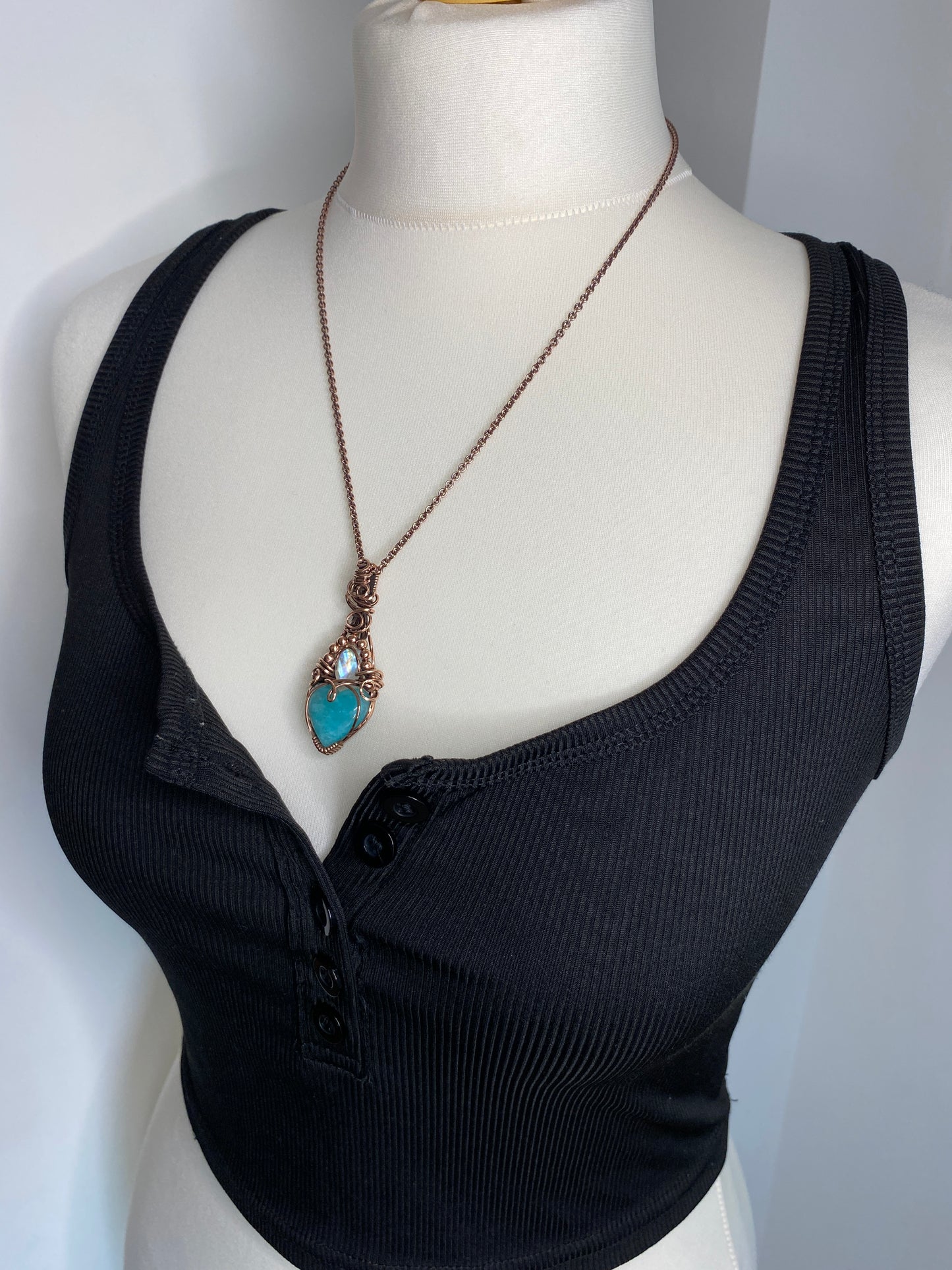 Amazonite Heart & Rainbow Moonstone Solid Copper Necklace