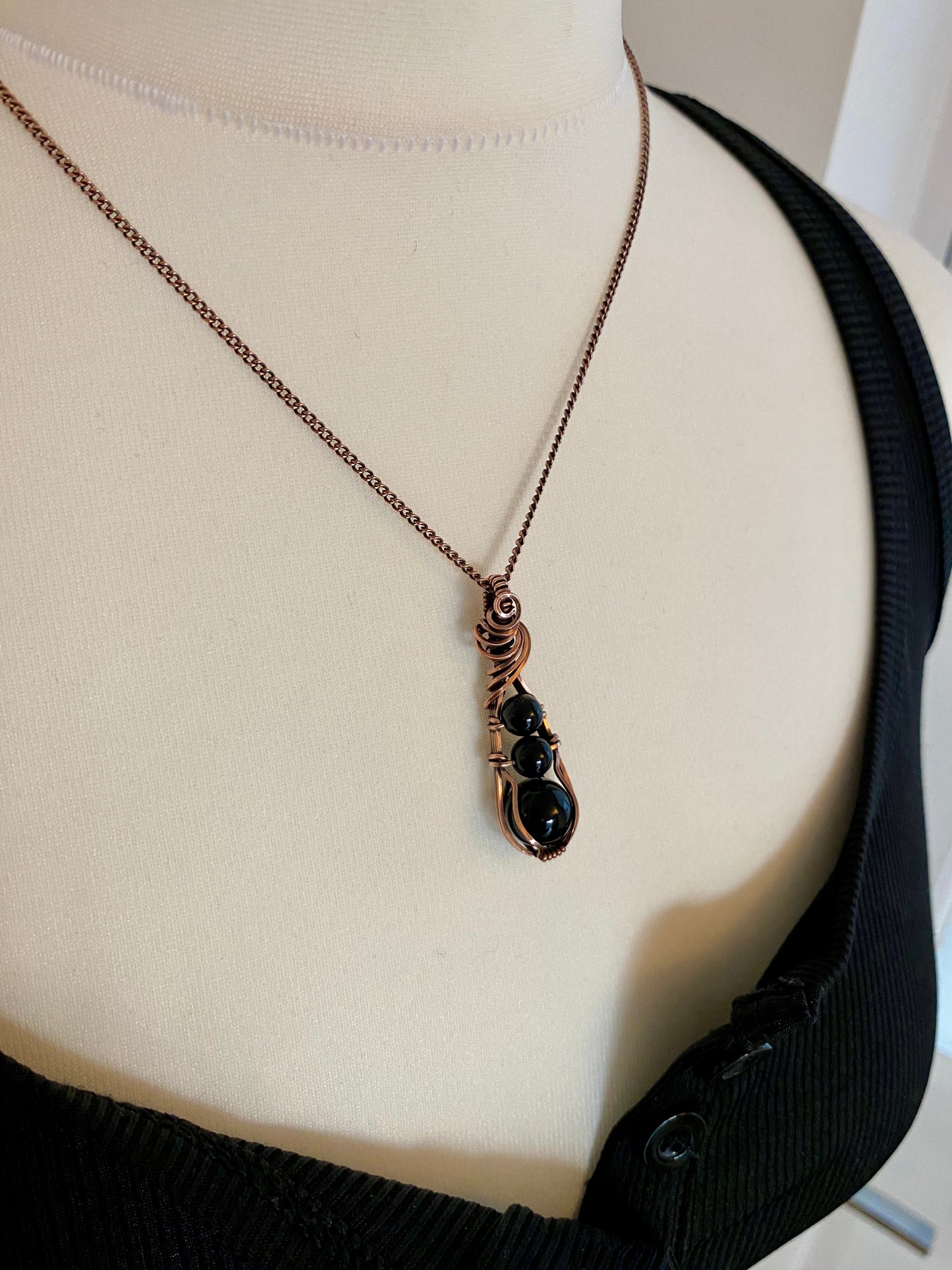 Black Obsidian Trio Drop Solid Copper Necklace