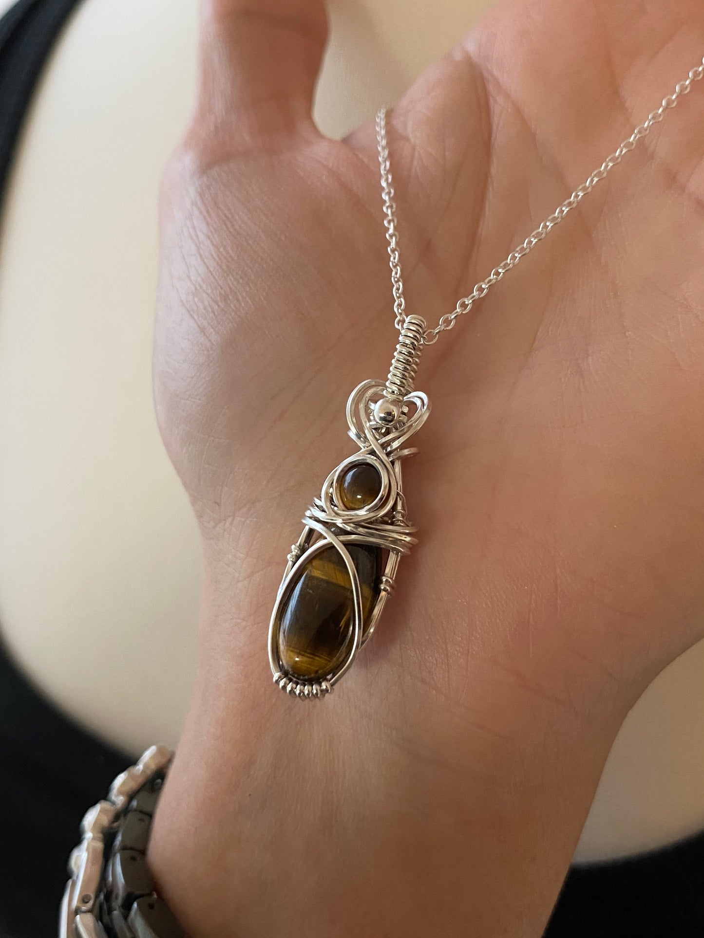 Double Tigers Eye Solid Silver Necklace