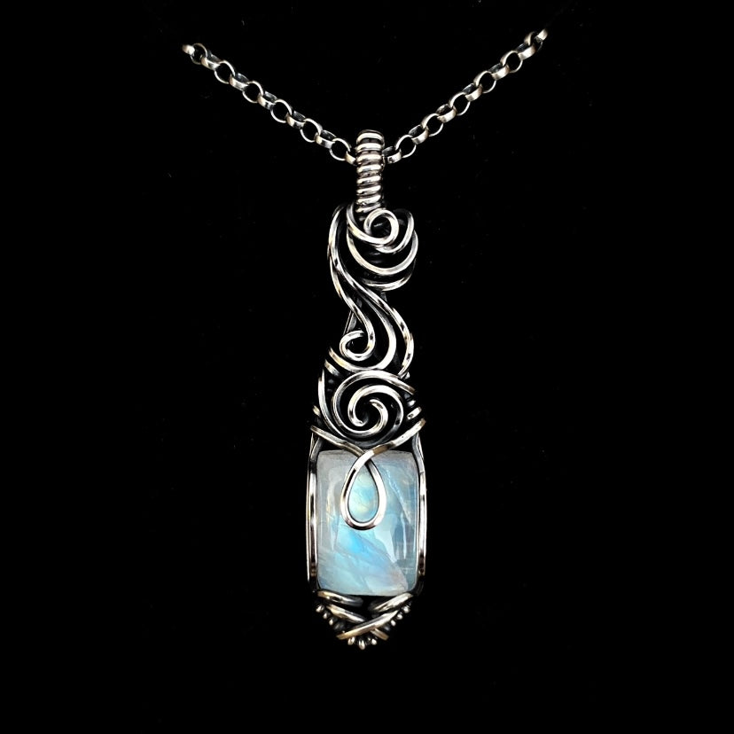 Rainbow Moonstone Goddess Solid Silver Necklace