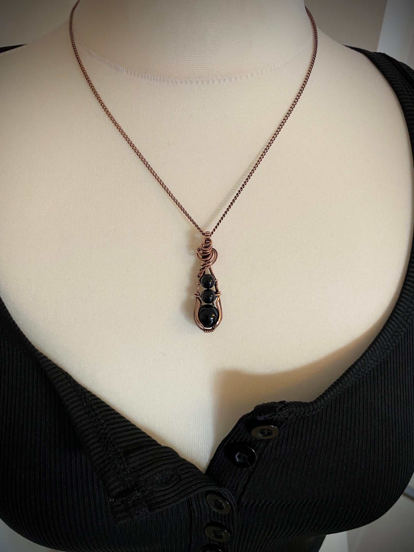 Black Obsidian Trio Drop Solid Copper Necklace