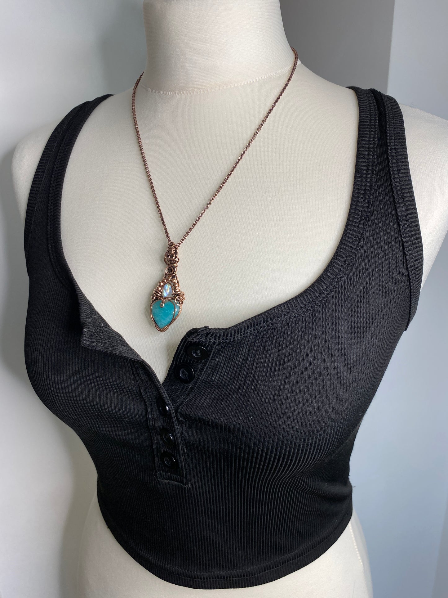 Amazonite Heart & Rainbow Moonstone Solid Copper Necklace