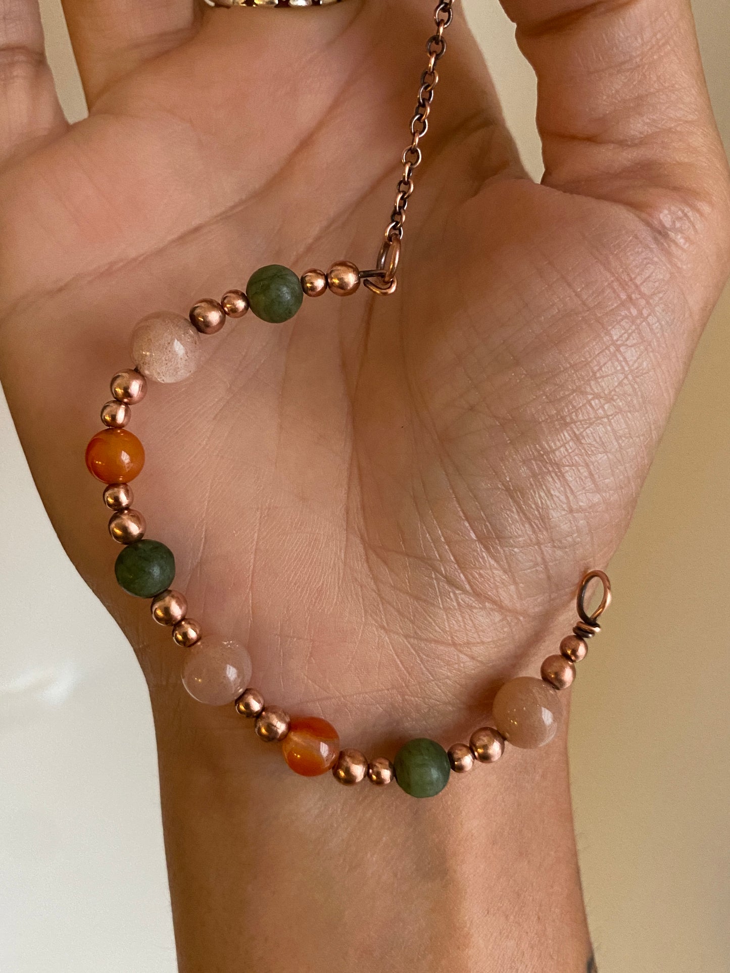 Copper Bead Bracelet: Sunstone, Green Jade, Carnelian