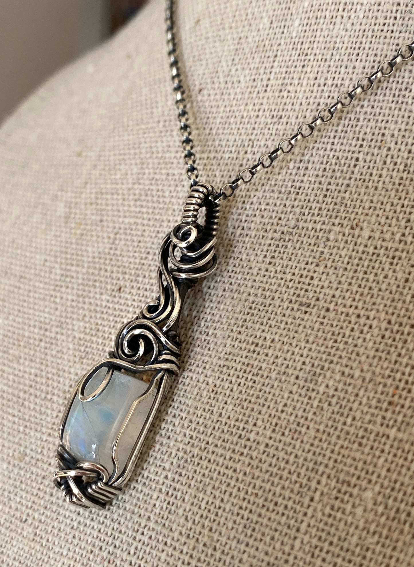 Rainbow Moonstone Goddess Solid Silver Necklace