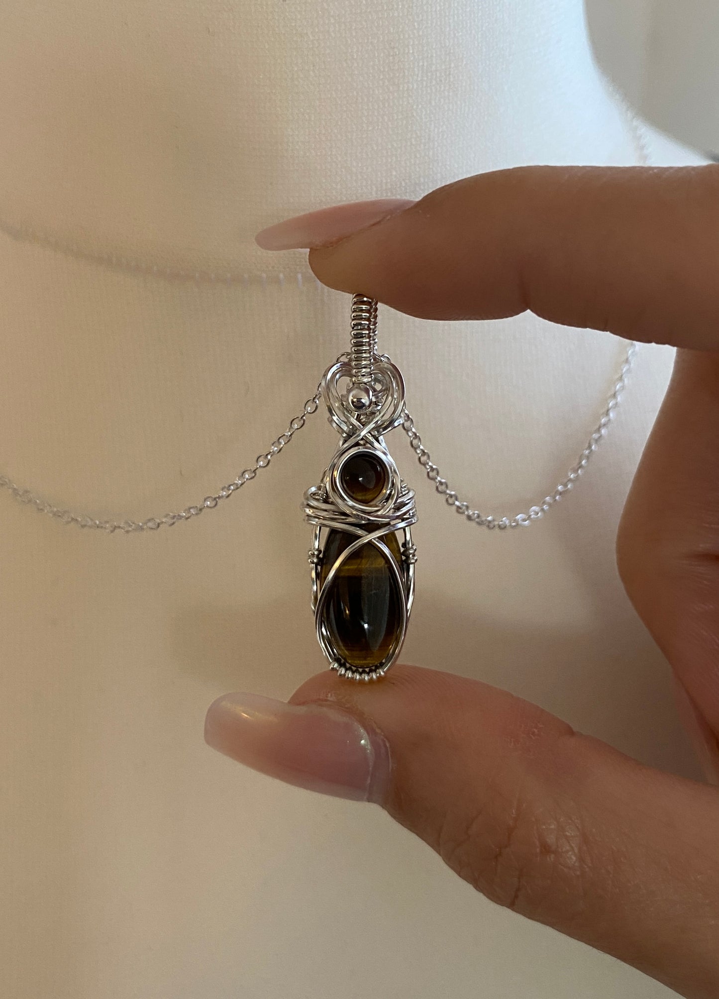 Double Tigers Eye Solid Silver Necklace