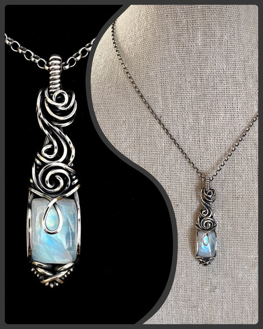 Rainbow Moonstone Goddess Solid Silver Necklace