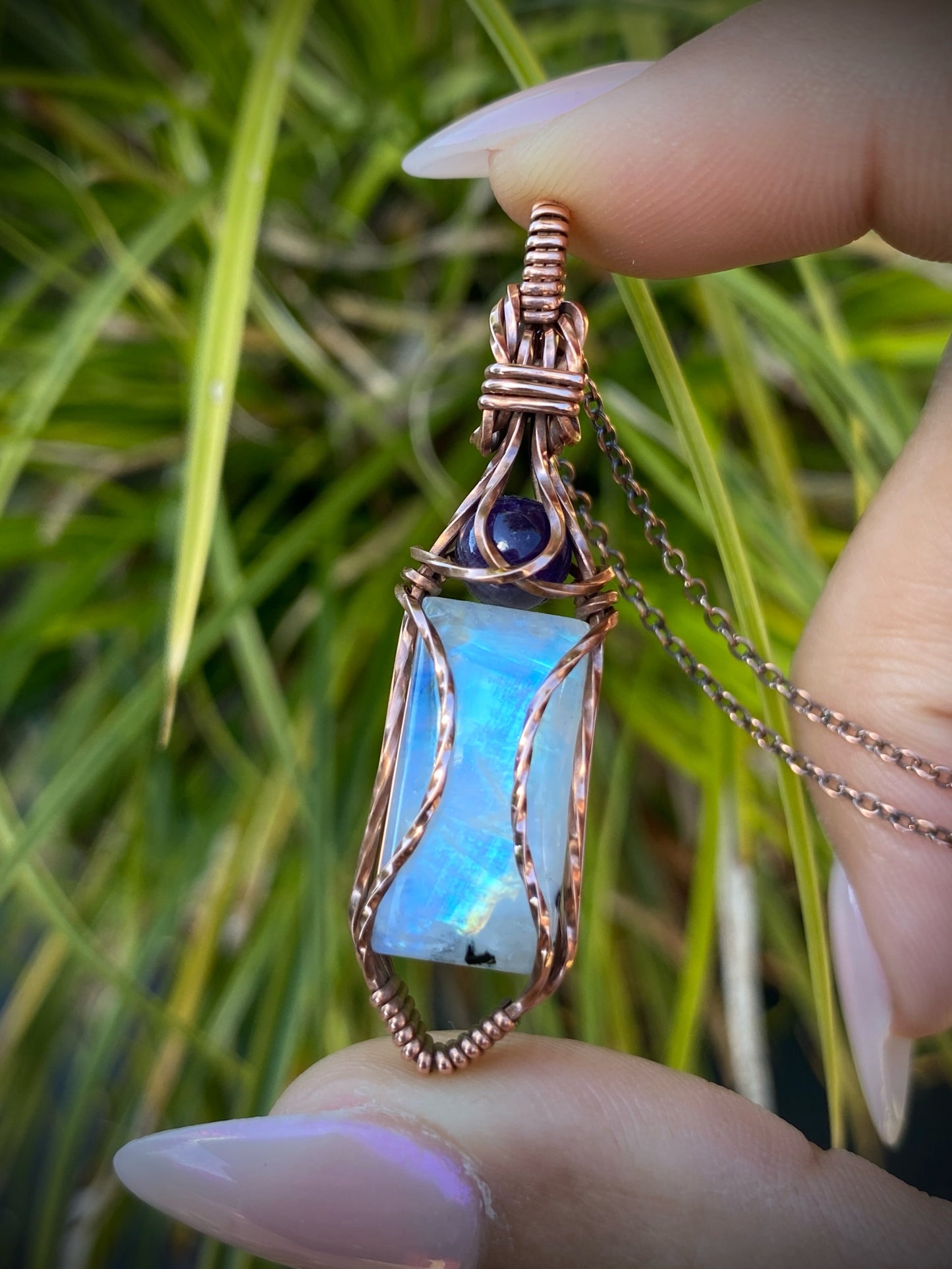 Flashy Rainbow Moonstone & Amethyst Necklace