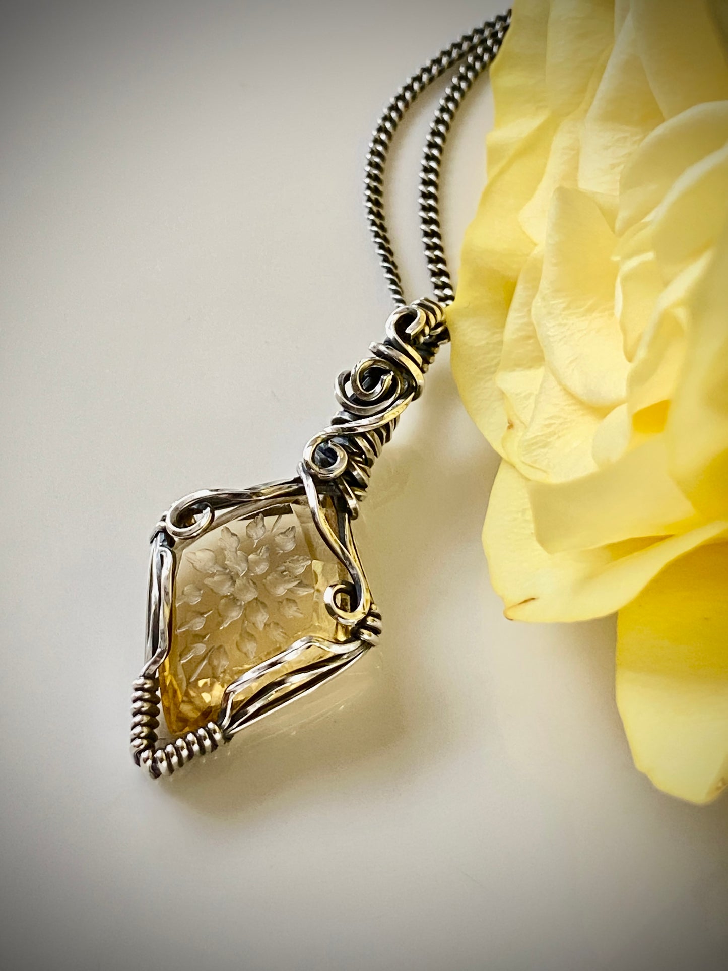 Hand Carved Citrine Solid Silver Necklace