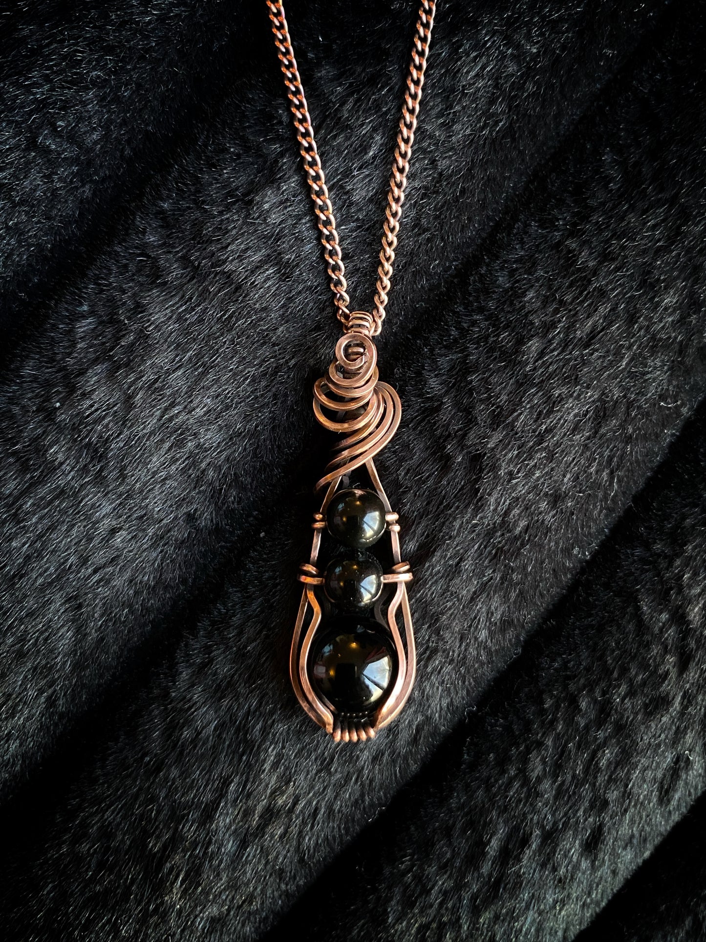 Black Obsidian Trio Drop Solid Copper Necklace