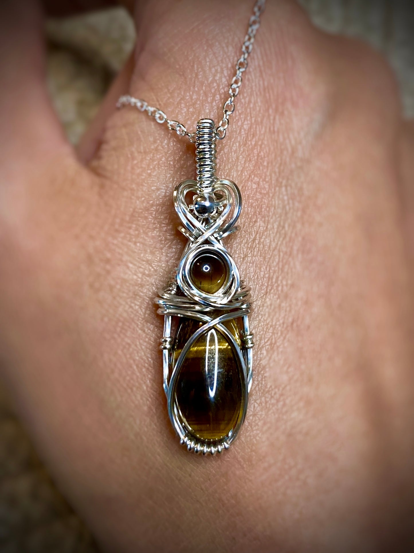 Double Tigers Eye Solid Silver Necklace