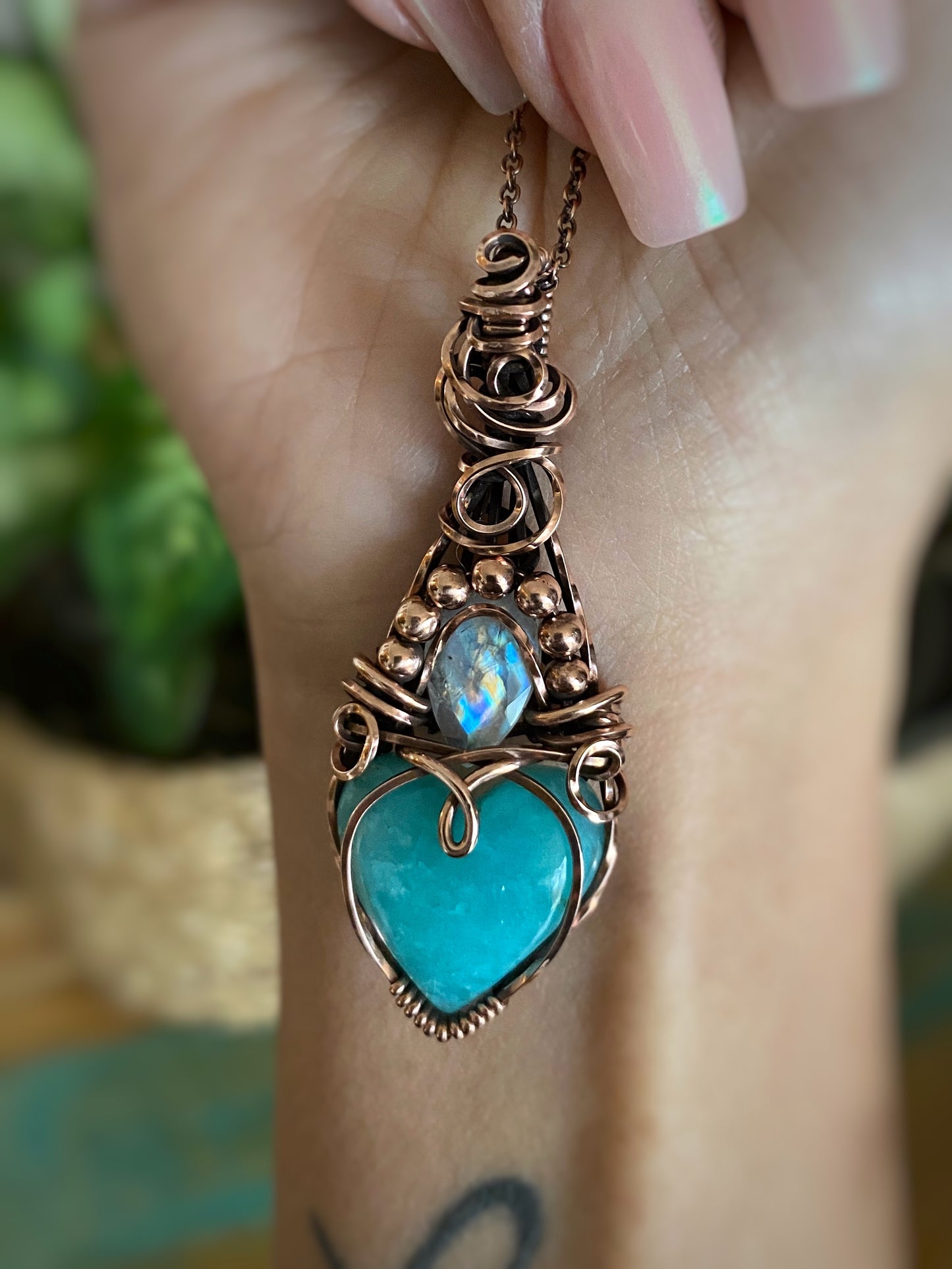 Amazonite Heart & Rainbow Moonstone Solid Copper Necklace