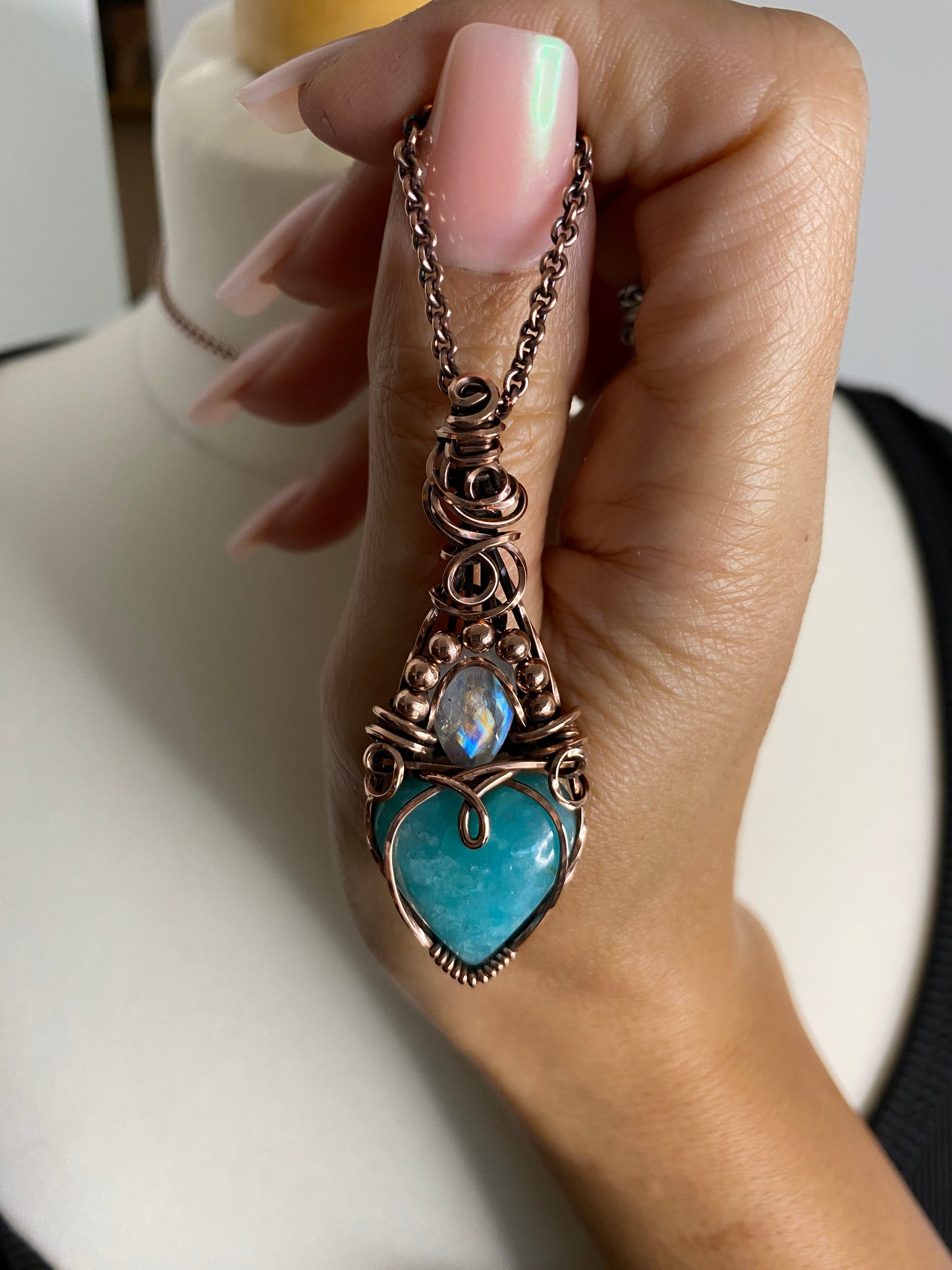 Amazonite Heart & Rainbow Moonstone Solid Copper Necklace