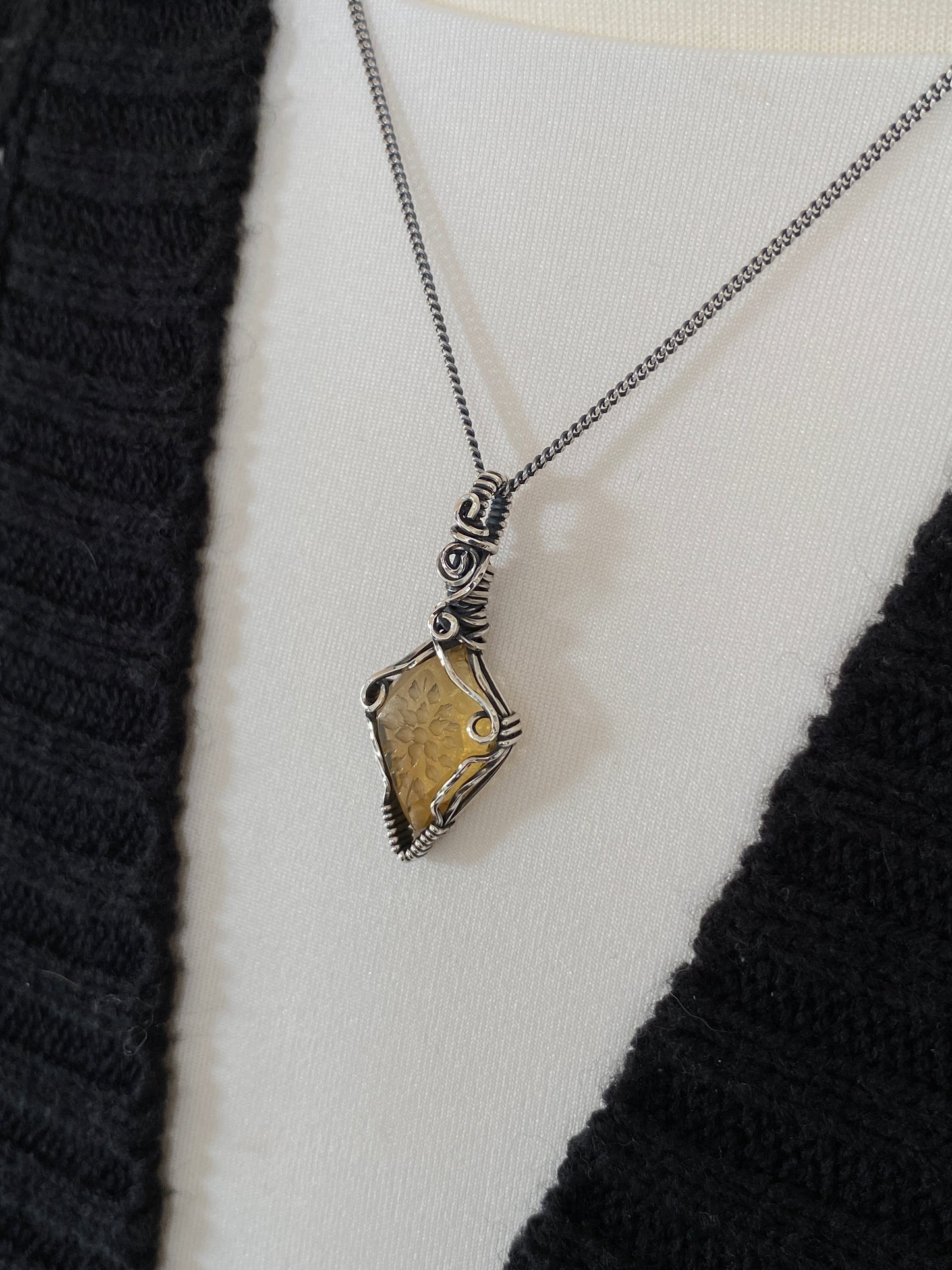 Hand Carved Citrine Solid Silver Necklace