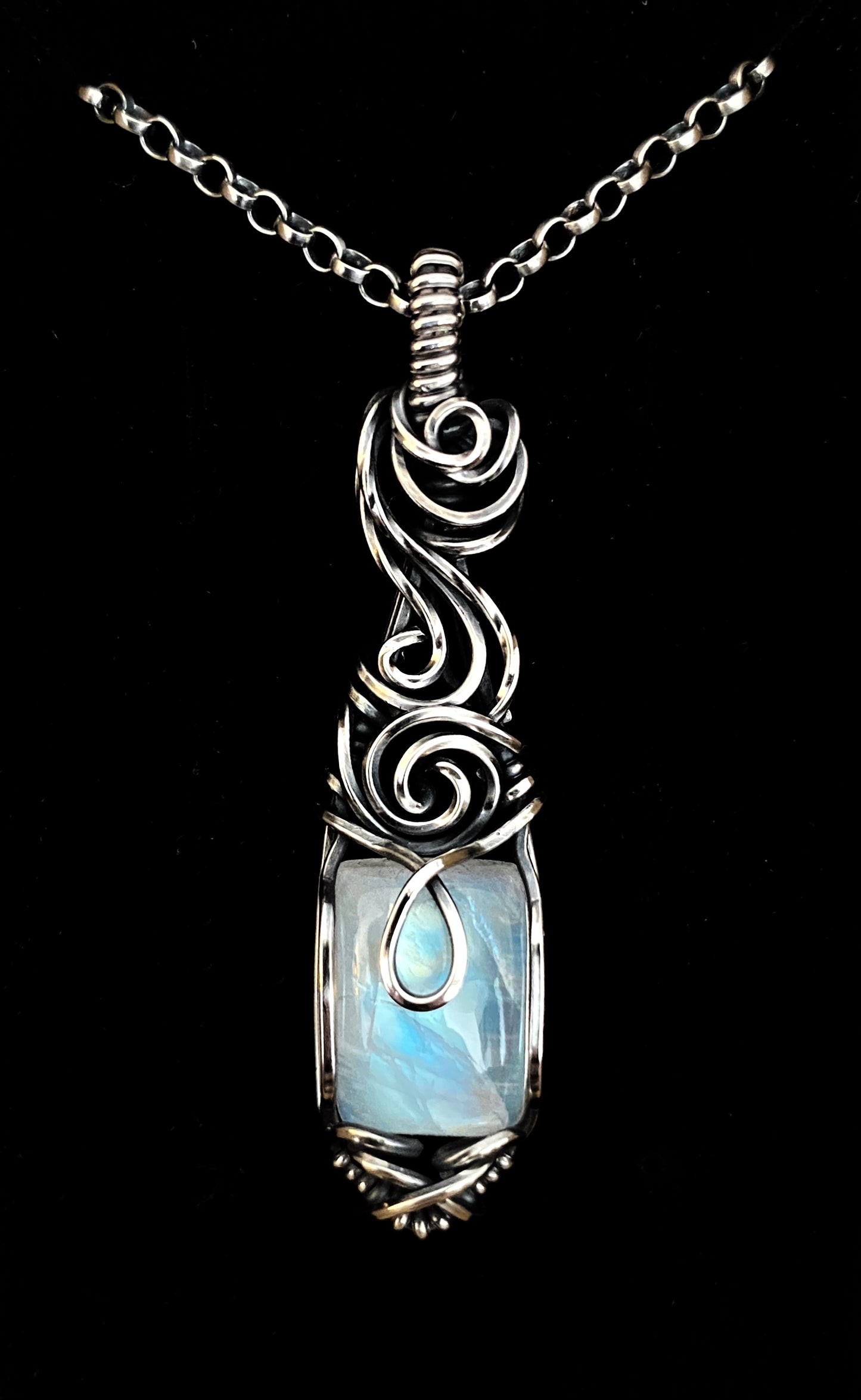 Rainbow Moonstone Goddess Solid Silver Necklace