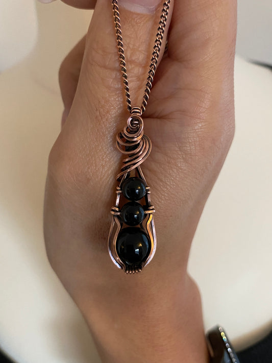 Black Obsidian Trio Drop Solid Copper Necklace