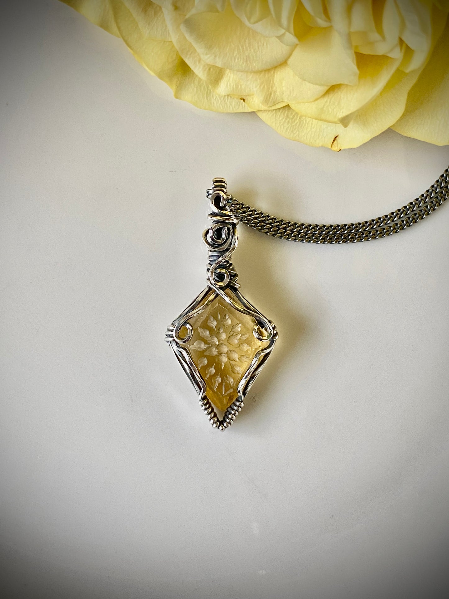 Hand Carved Citrine Solid Silver Necklace