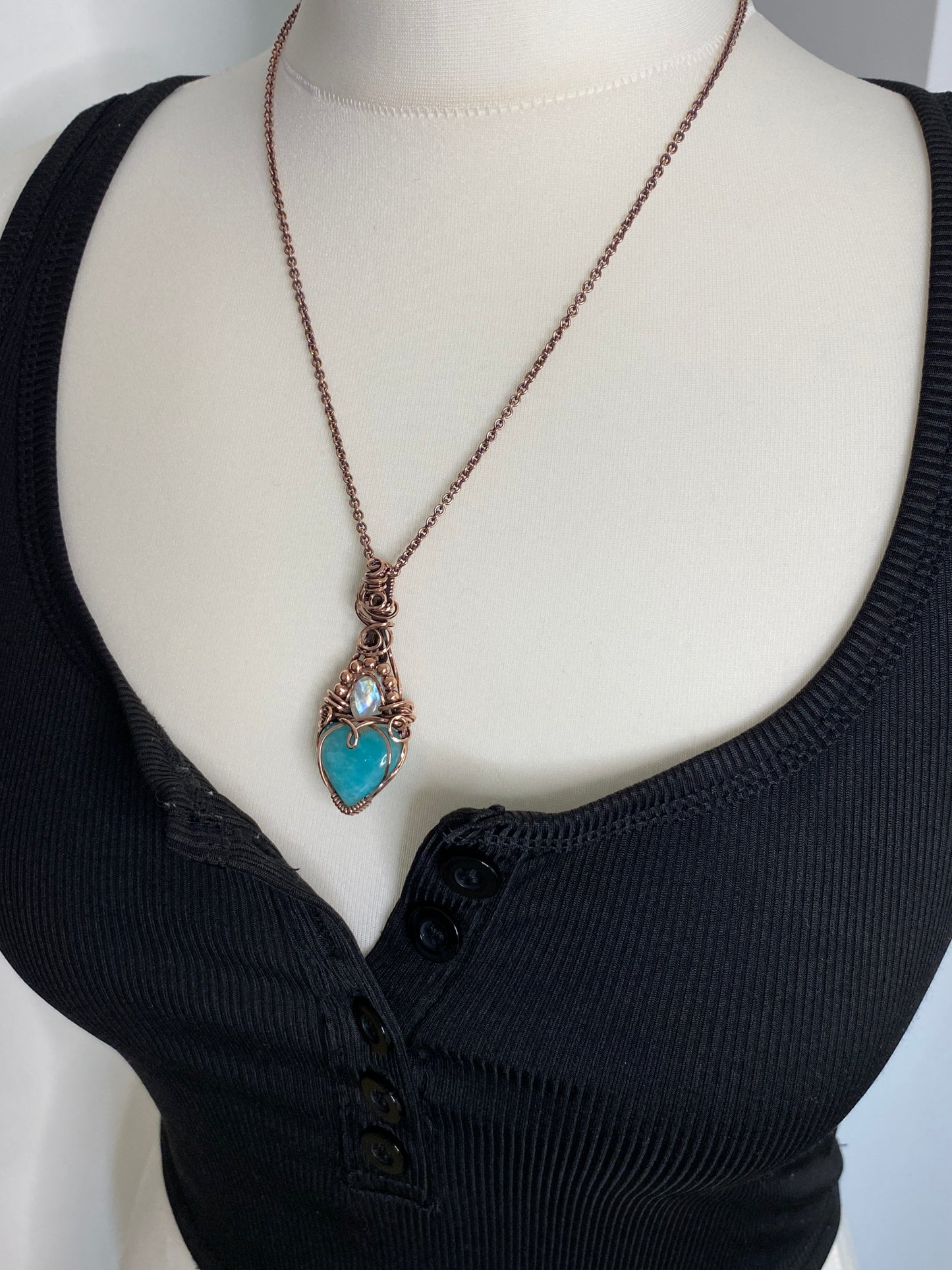 Amazonite Heart & Rainbow Moonstone Solid Copper Necklace