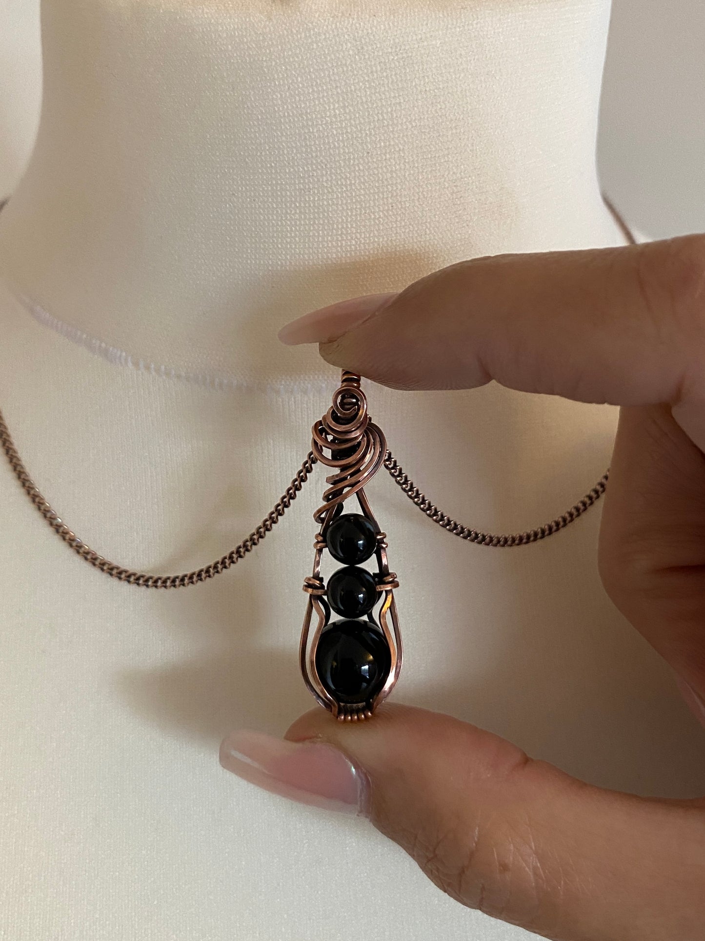 Black Obsidian Trio Drop Solid Copper Necklace