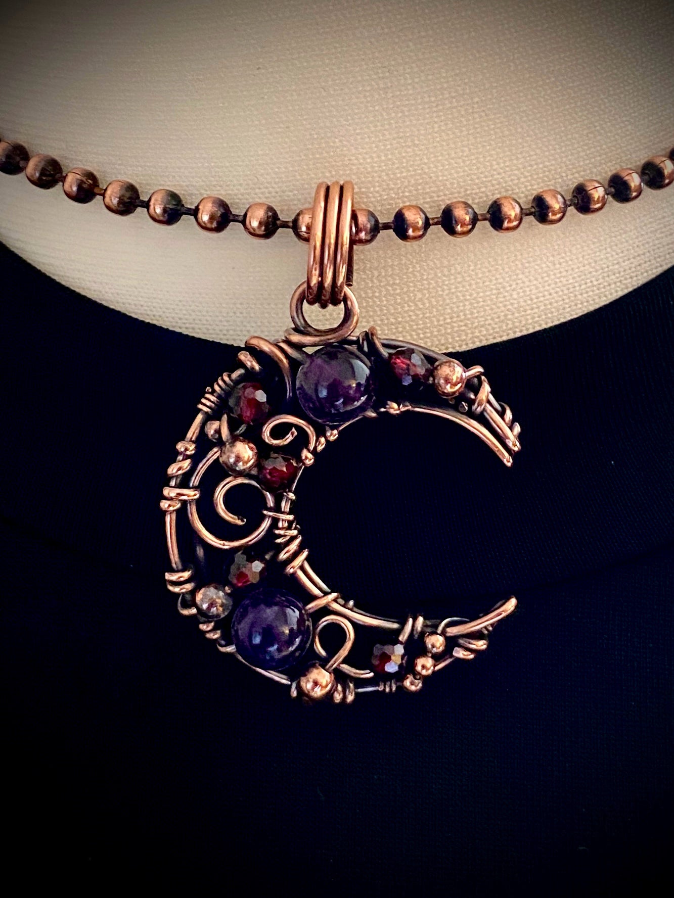 Amethyst & Garnet Copper Crescent Moon