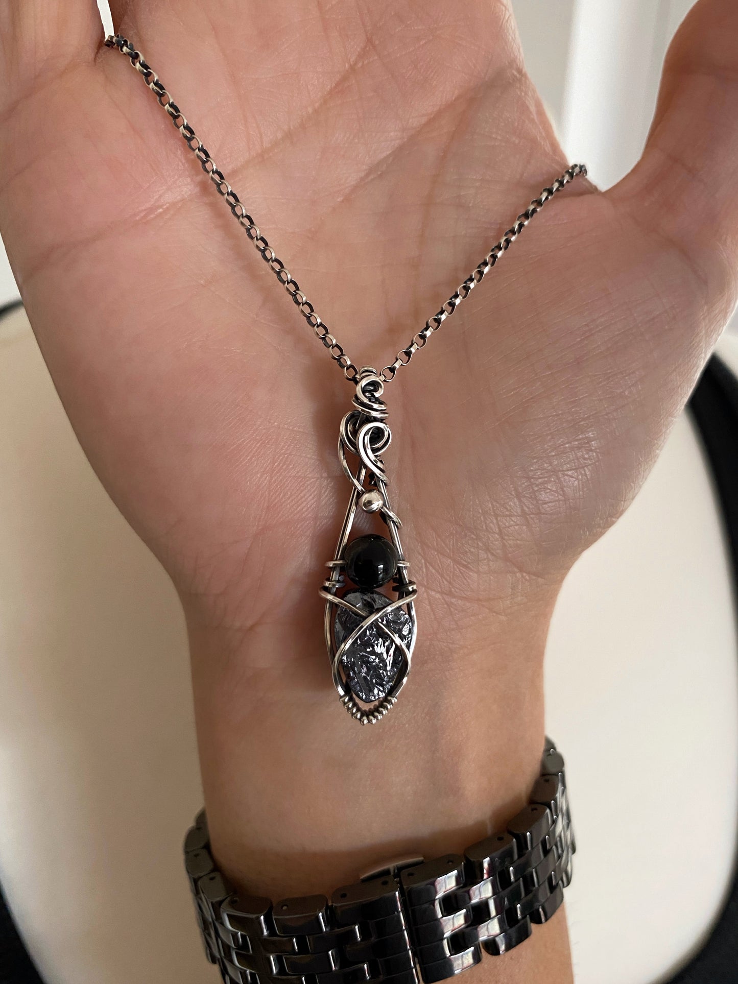 Raw Elite Shungite & Black Obsidian Solid Silver Necklace