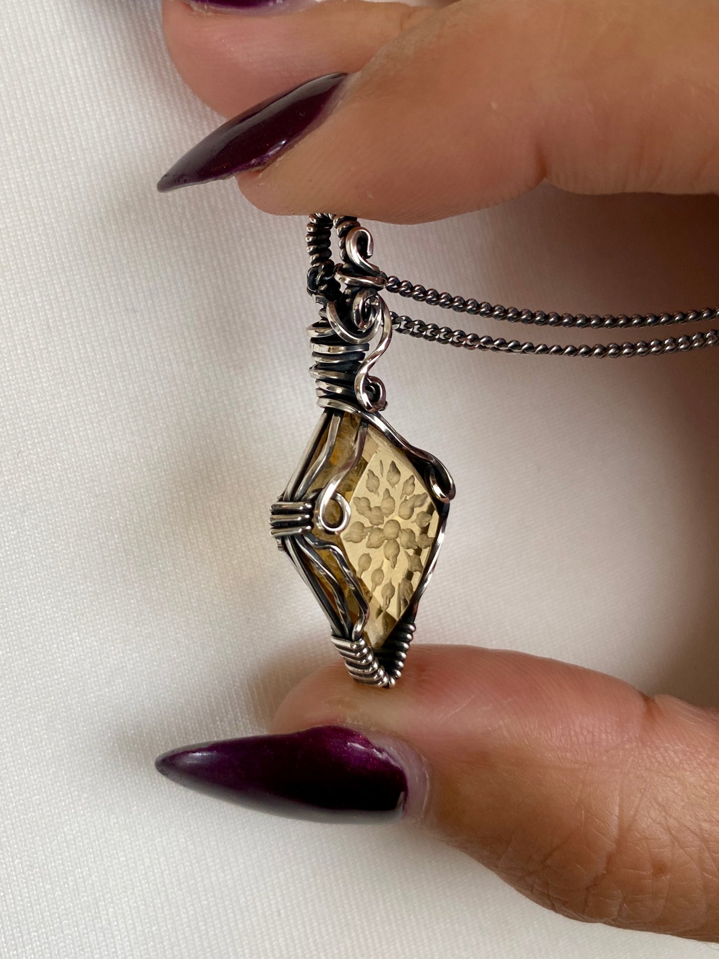 Hand Carved Citrine Solid Silver Necklace