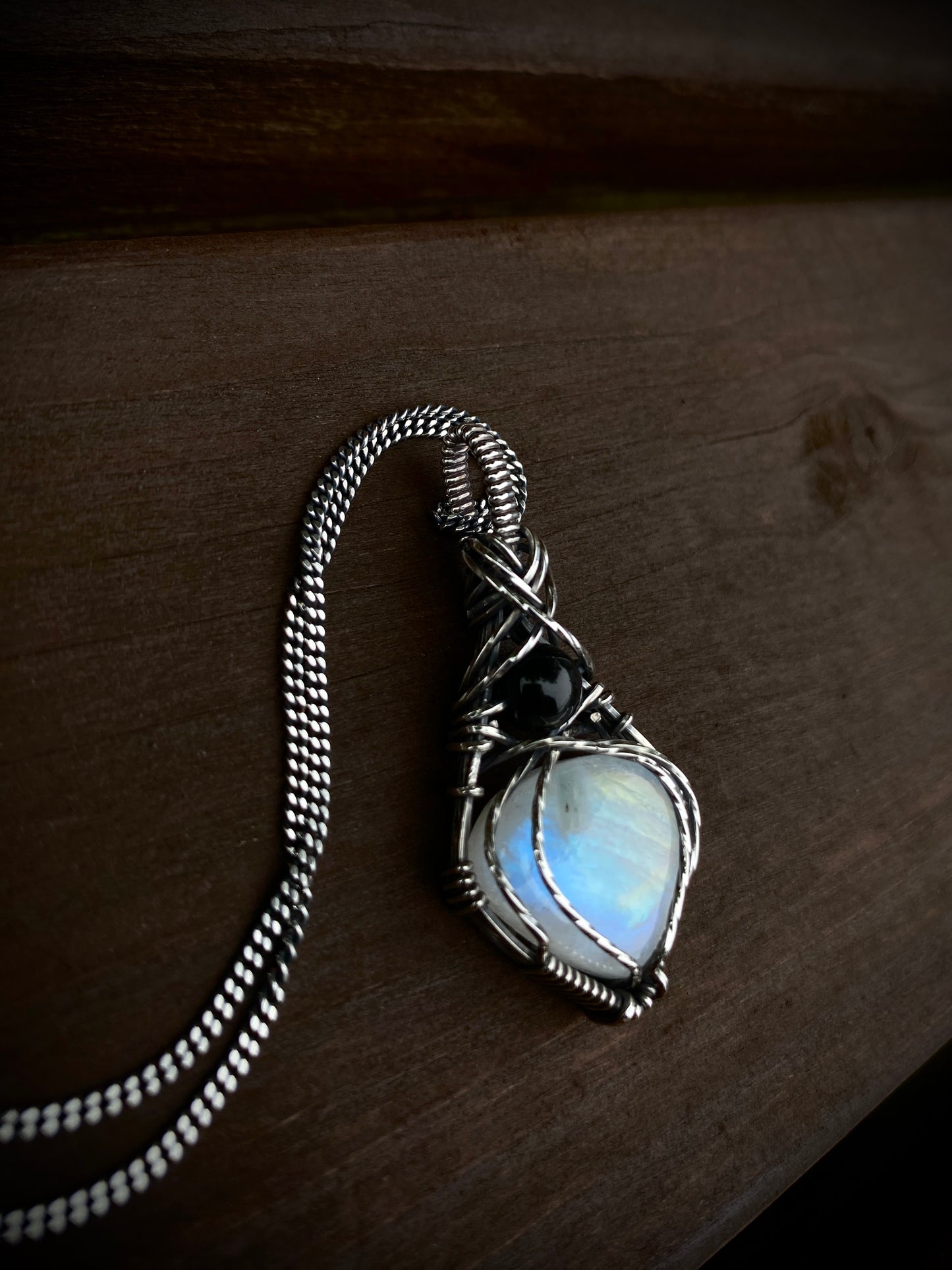 Rainbow Moonstone & Black Obsidian Necklace