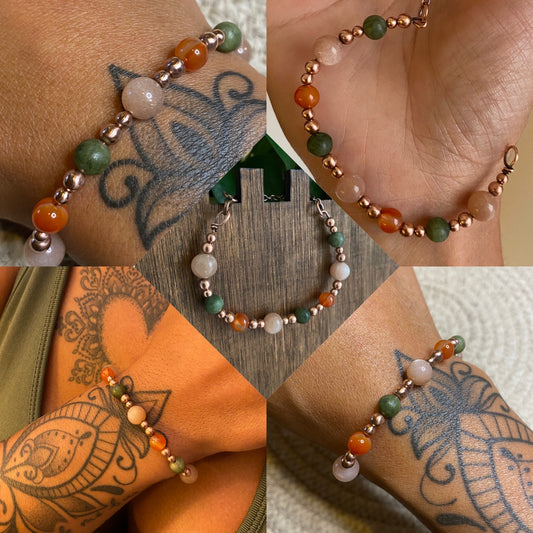 Copper Bead Bracelet: Sunstone, Green Jade, Carnelian