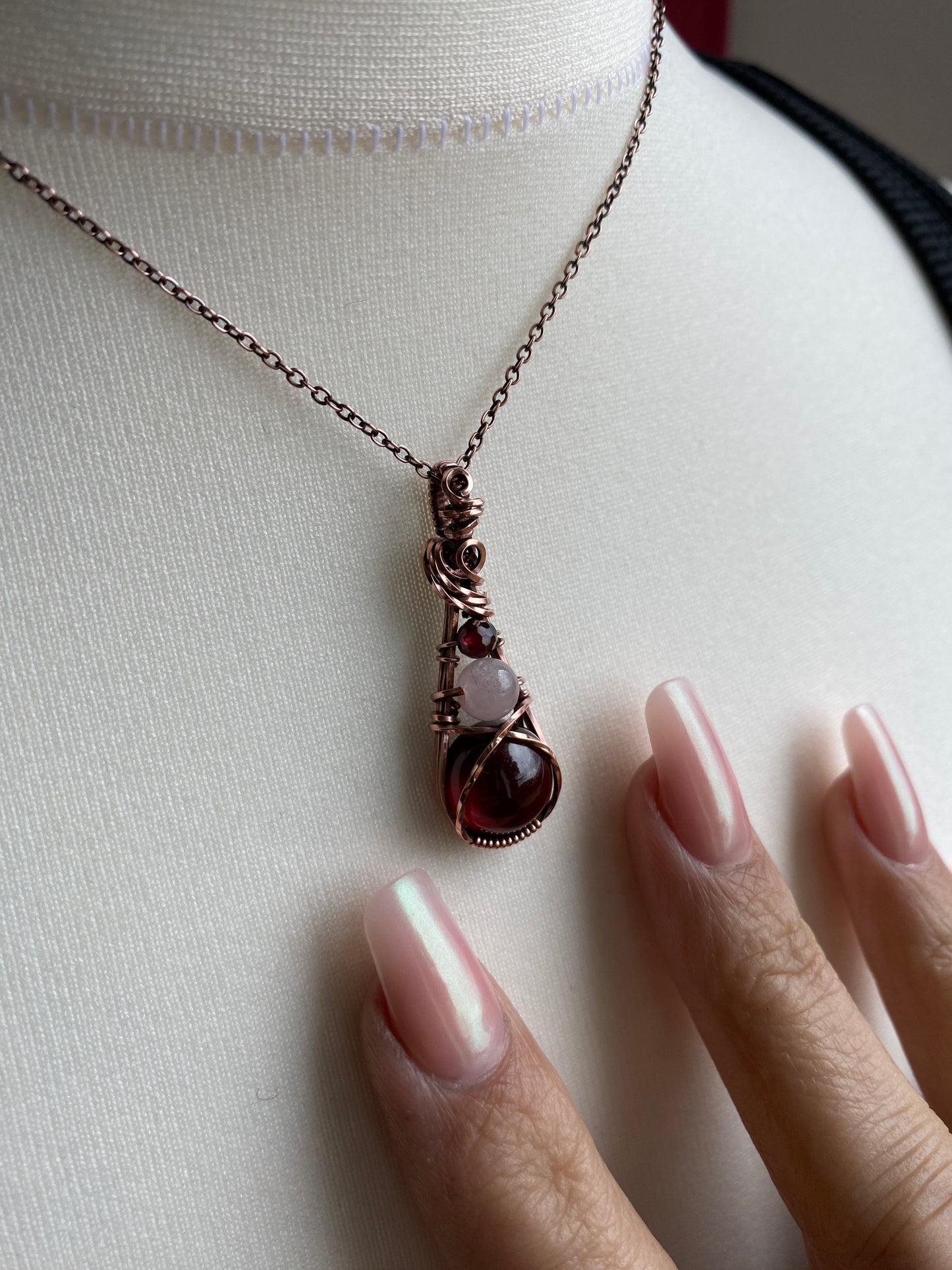 Garnet & Rose Quartz Trio Drop Solid Copper Necklace