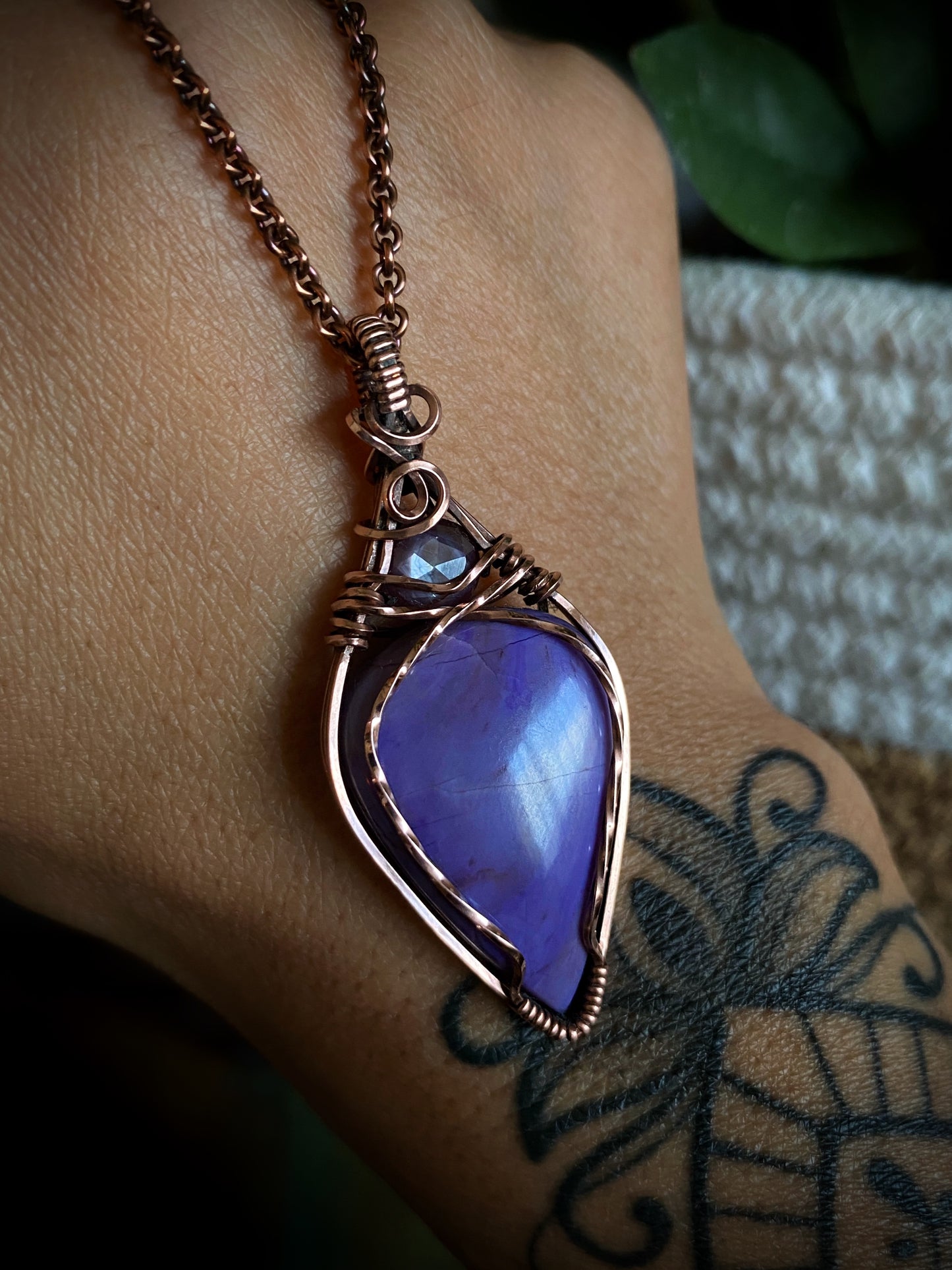 Purple Jade & Rose Cut Ruby Solid Copper Necklace