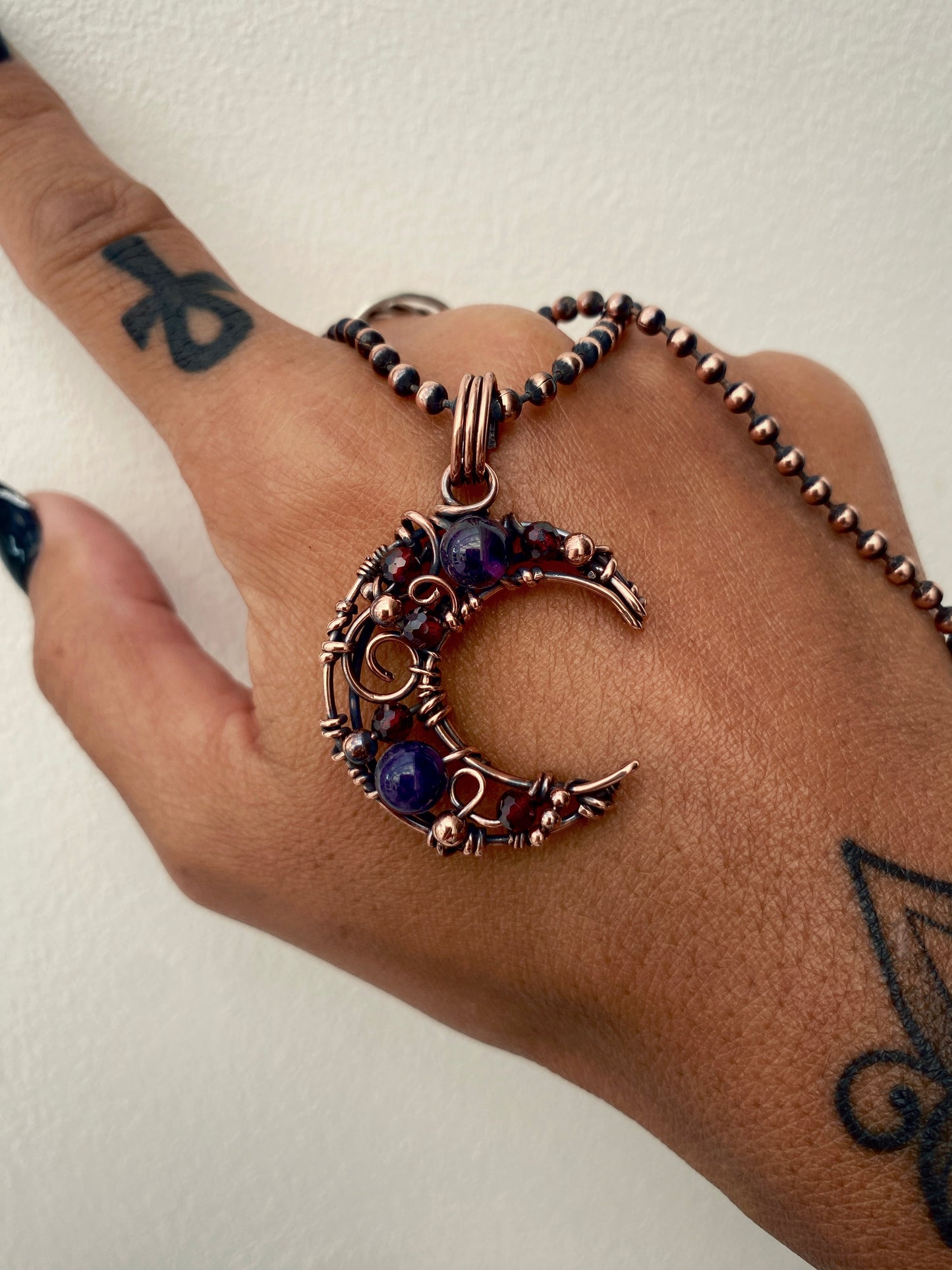 Amethyst & Garnet Copper Crescent Moon