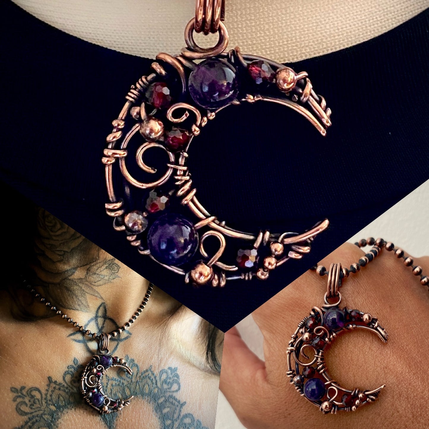 Amethyst & Garnet Copper Crescent Moon