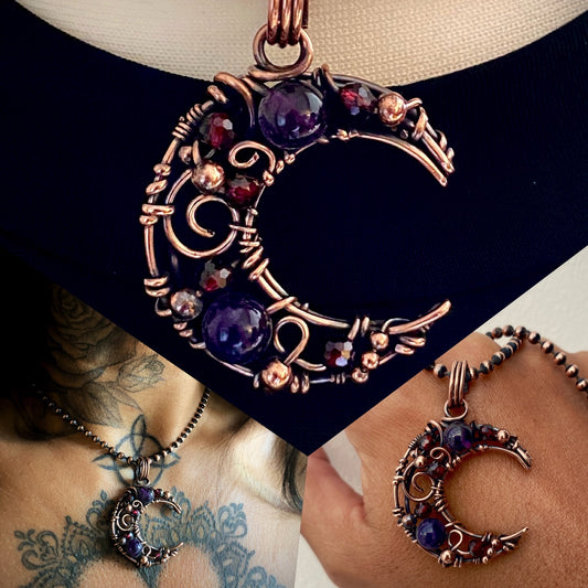 Amethyst & Garnet Copper Crescent Moon