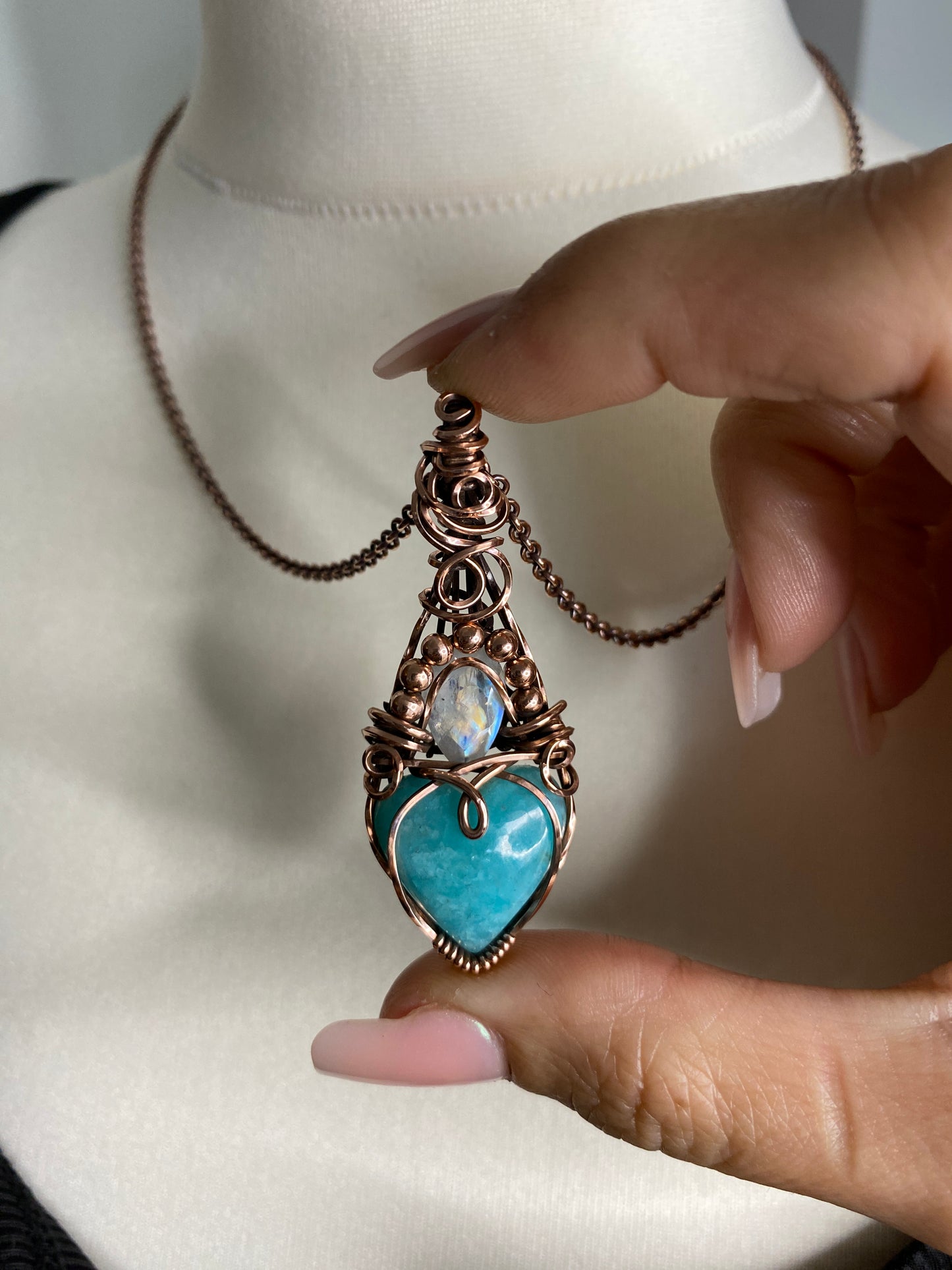 Amazonite Heart & Rainbow Moonstone Solid Copper Necklace