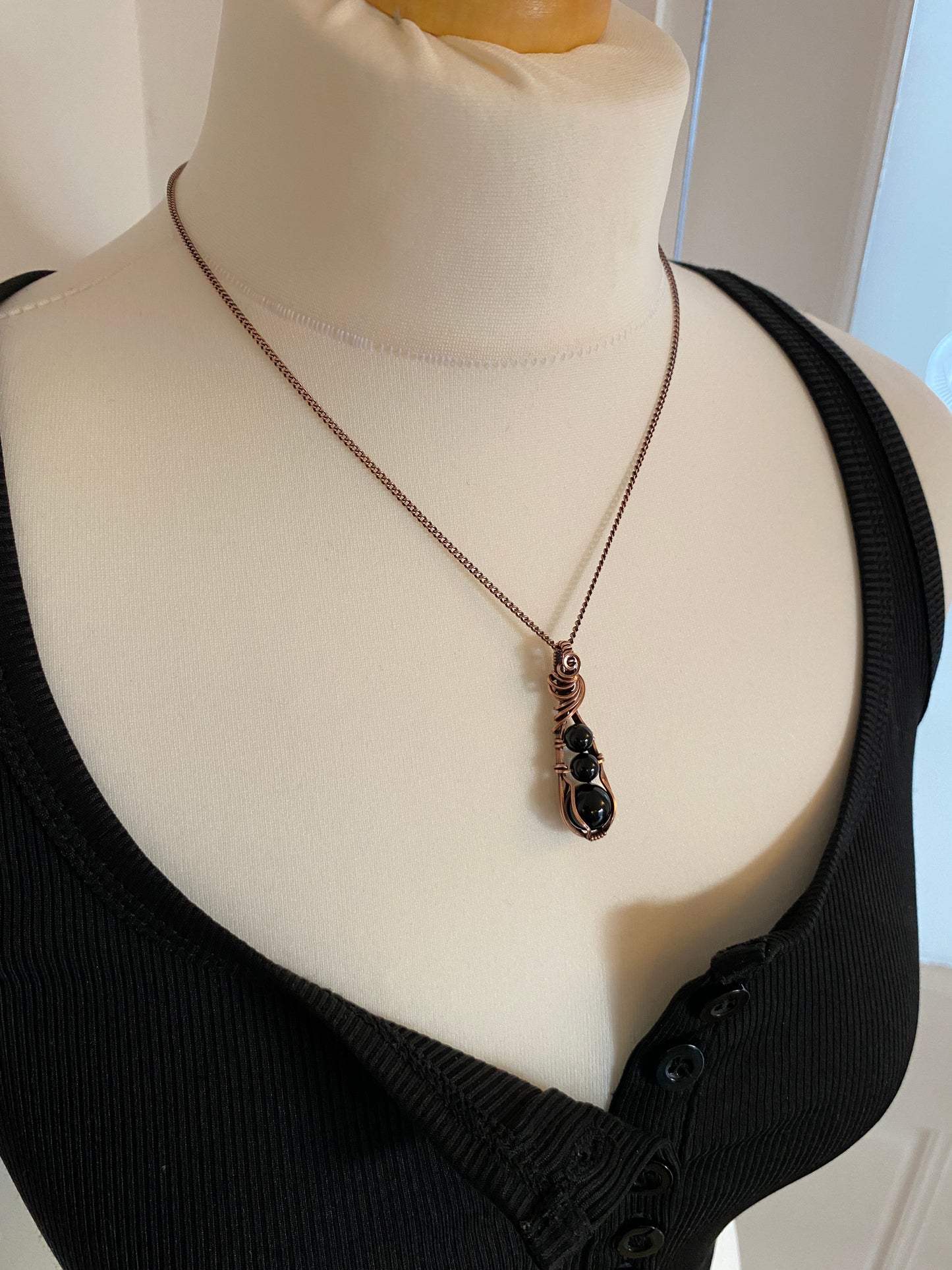 Black Obsidian Trio Drop Solid Copper Necklace