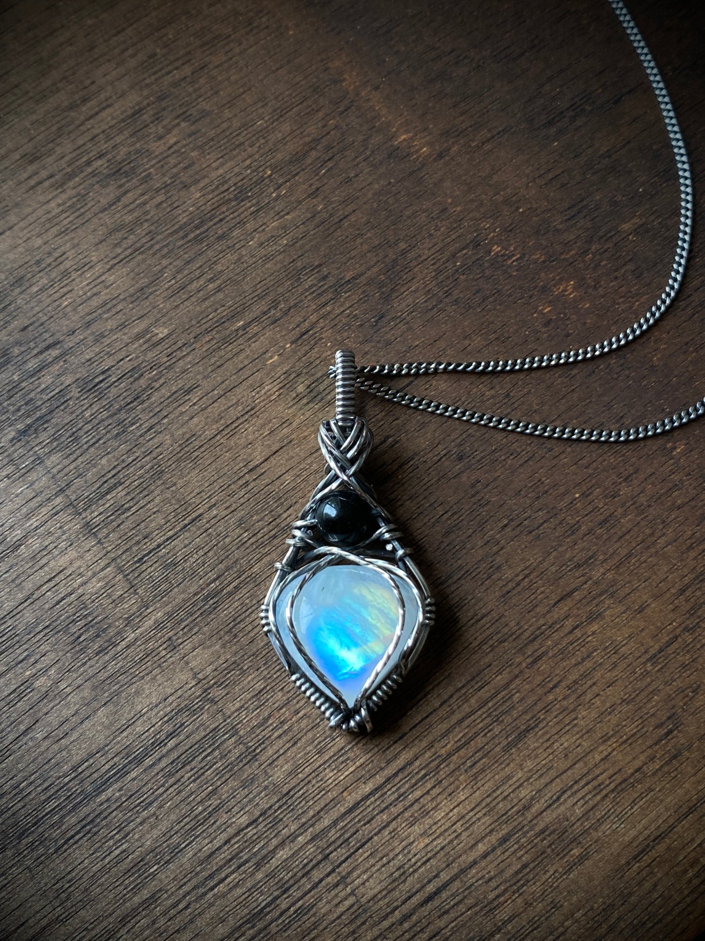 Rainbow Moonstone & Black Obsidian Necklace