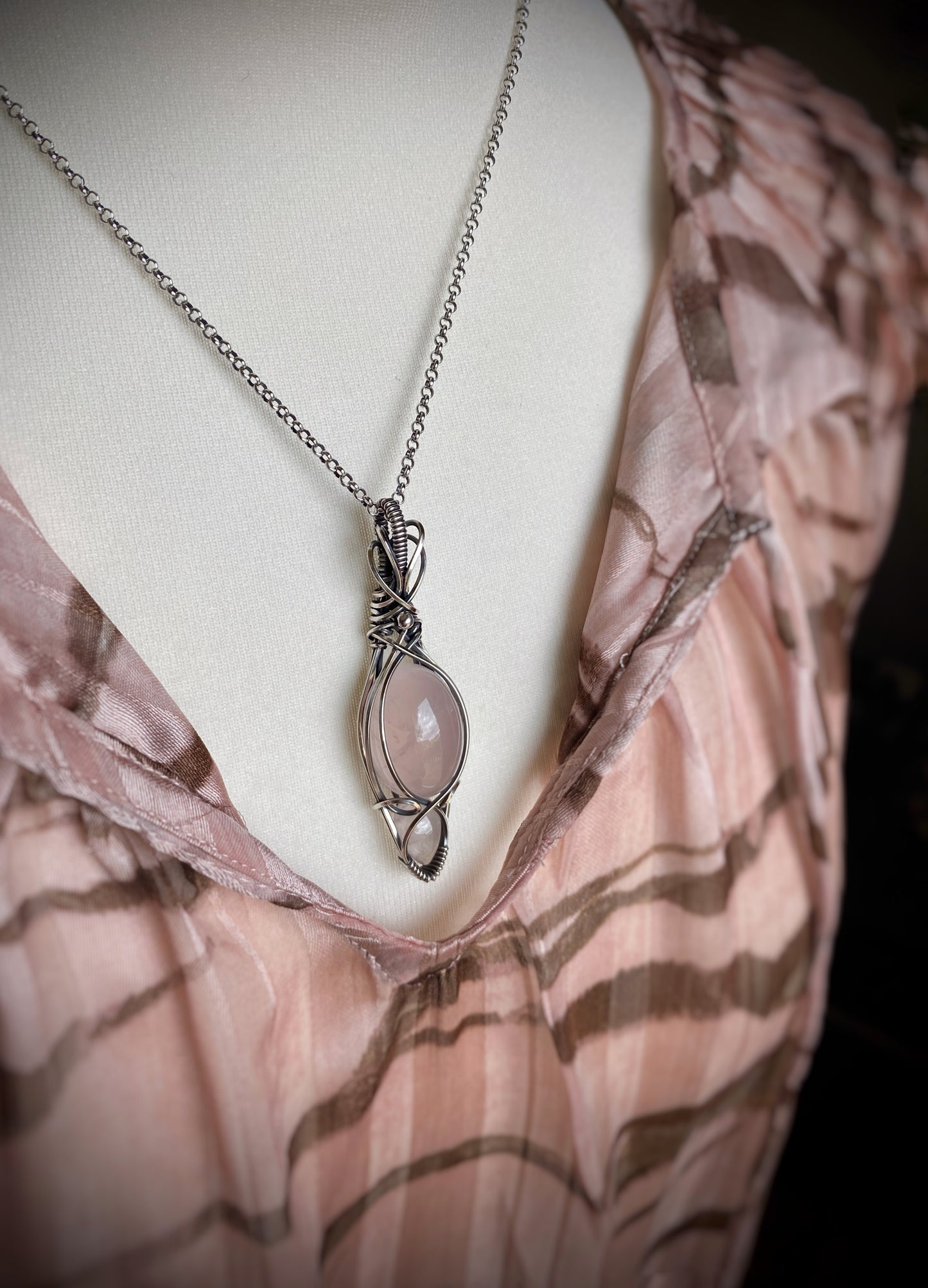 Rose Quartz Necklace in Antiqued Sterling